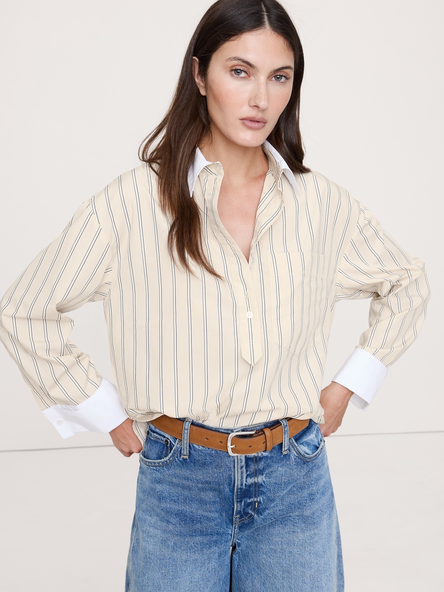 Oversized Cotton Poplin Banker Shirt - Pink Stripe