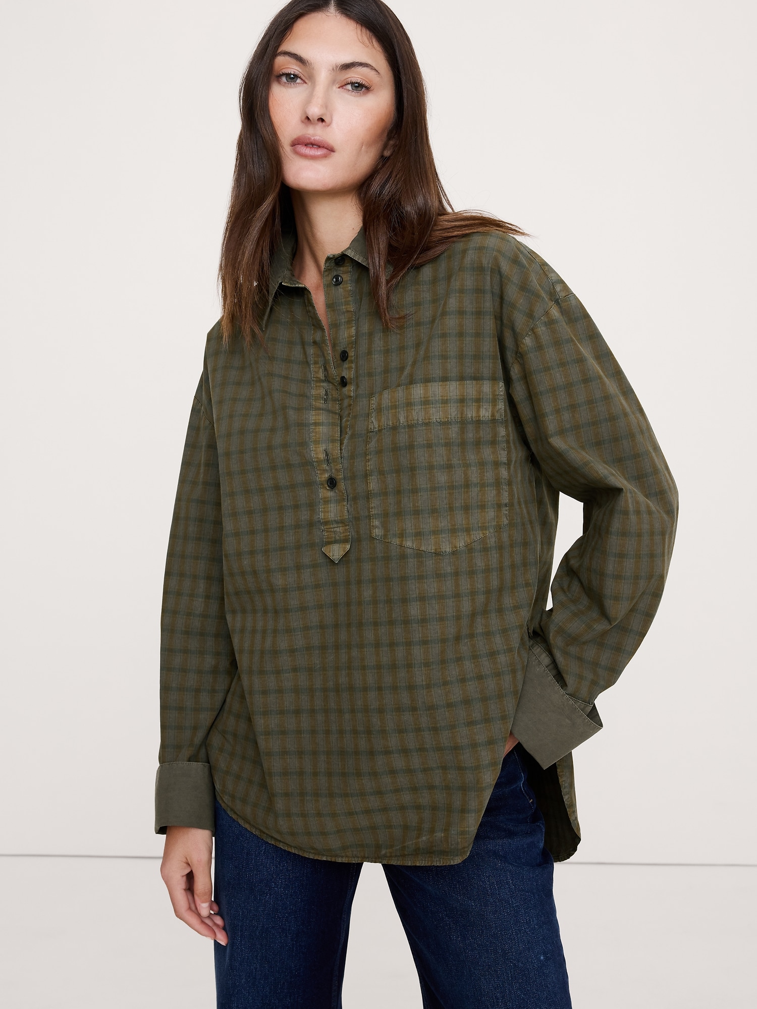 Oversized Cotton Poplin Banker Shirt - Olive Green Plaid