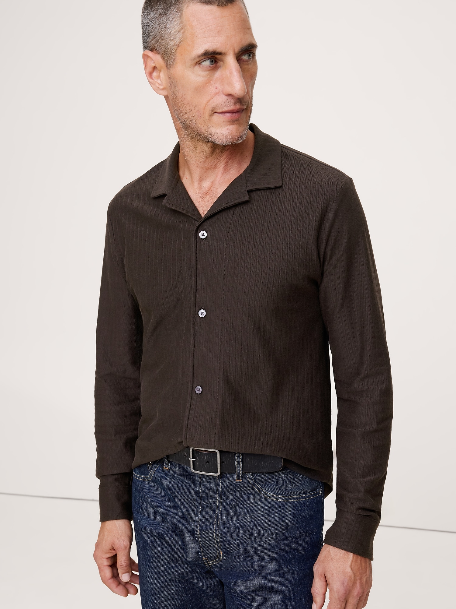 Herringbone Cotton Long-Sleeve Resort Shirt - Brown