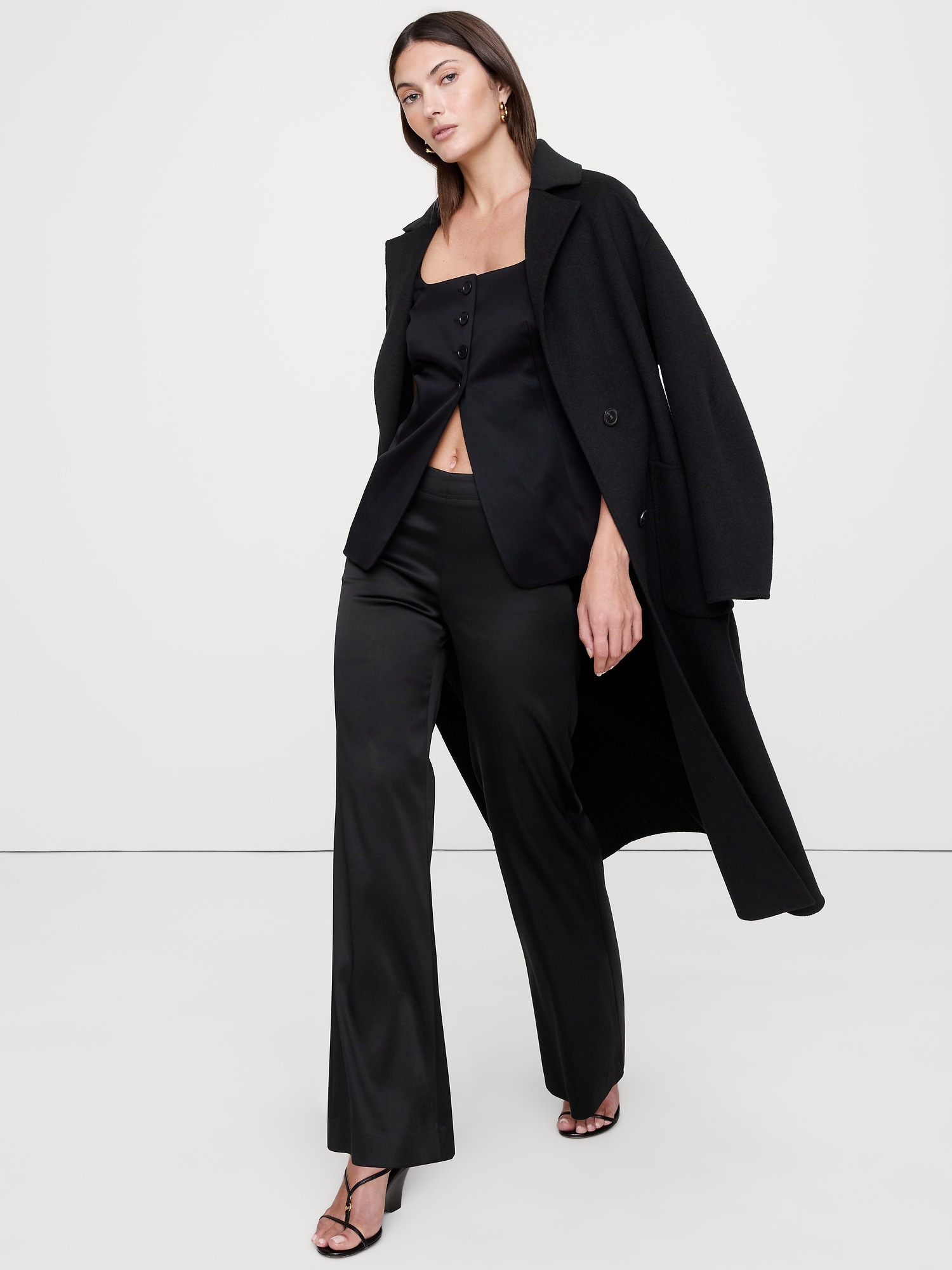 Mid-Rise Kick-Flare Satin Ankle Pant - Black