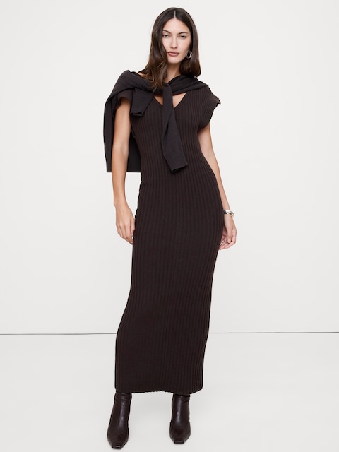 ROBE LONGUE À DOS DÉNUDÉ EN LAINE MÉRINOS ET COTON