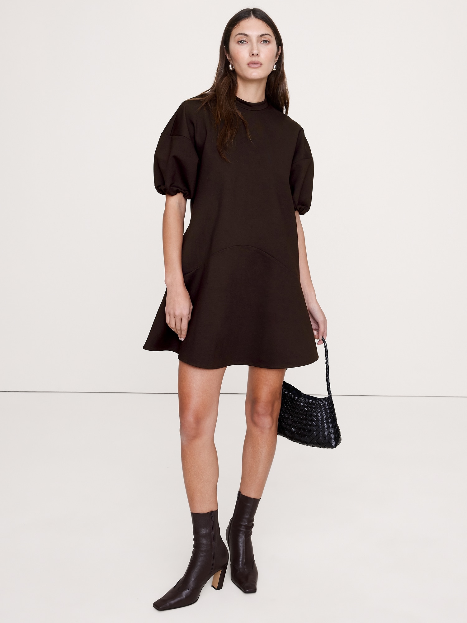 Everywhere Ponte Puff-Sleeve Mini Dress - Ganache Brown