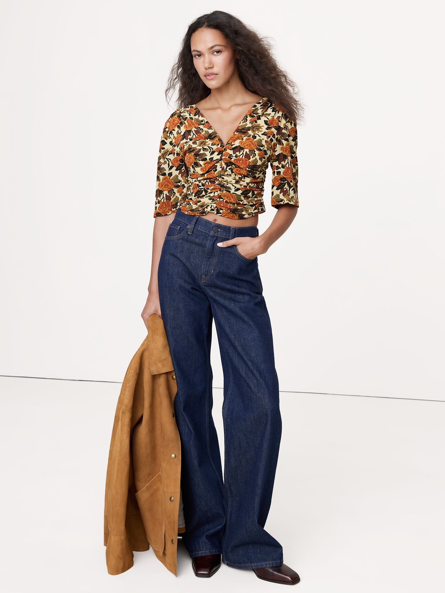 Haut froncé en soie mate - Roses Jaunes