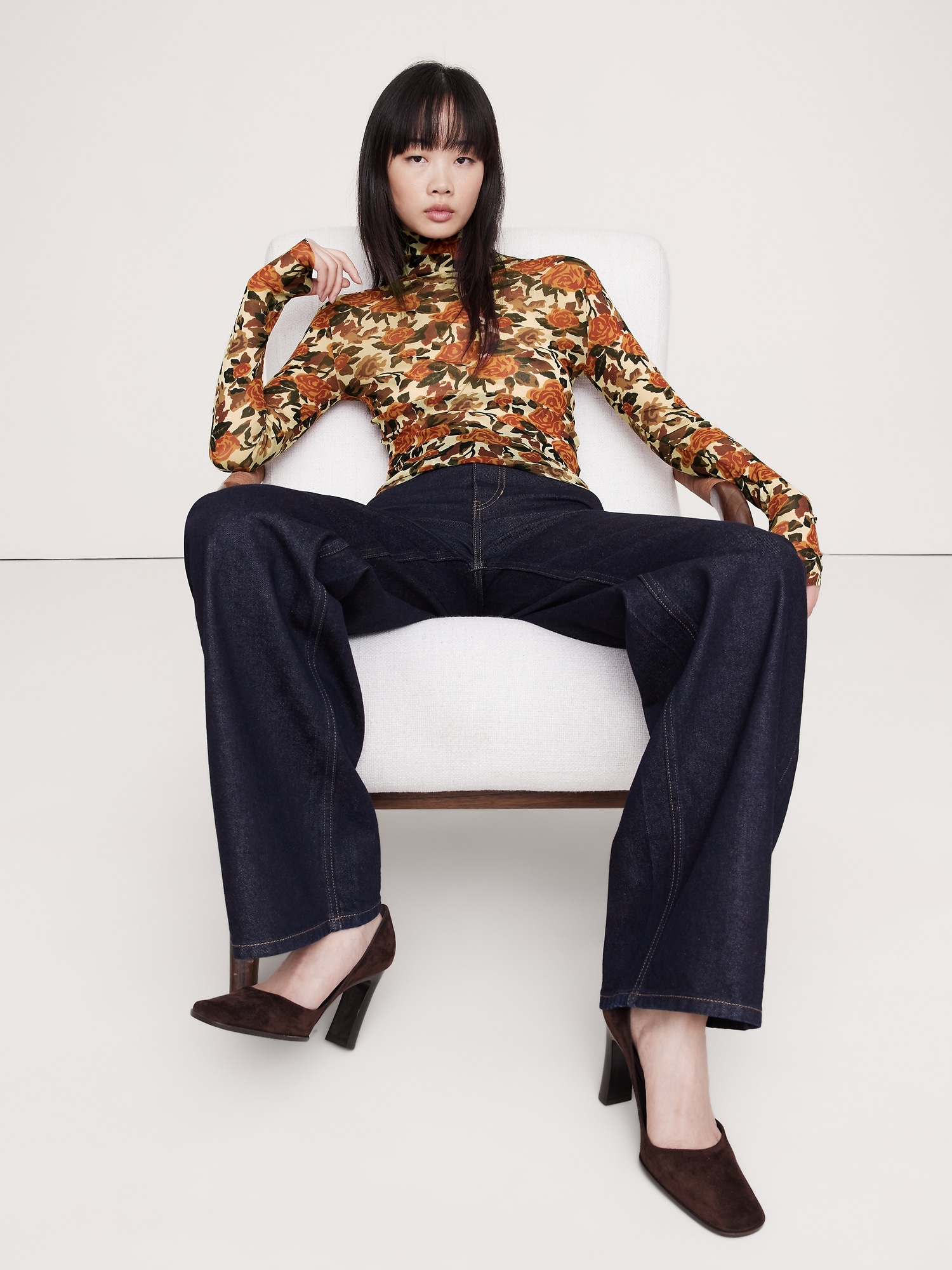 Mesh Turtleneck Top - Autumn Gold Roses