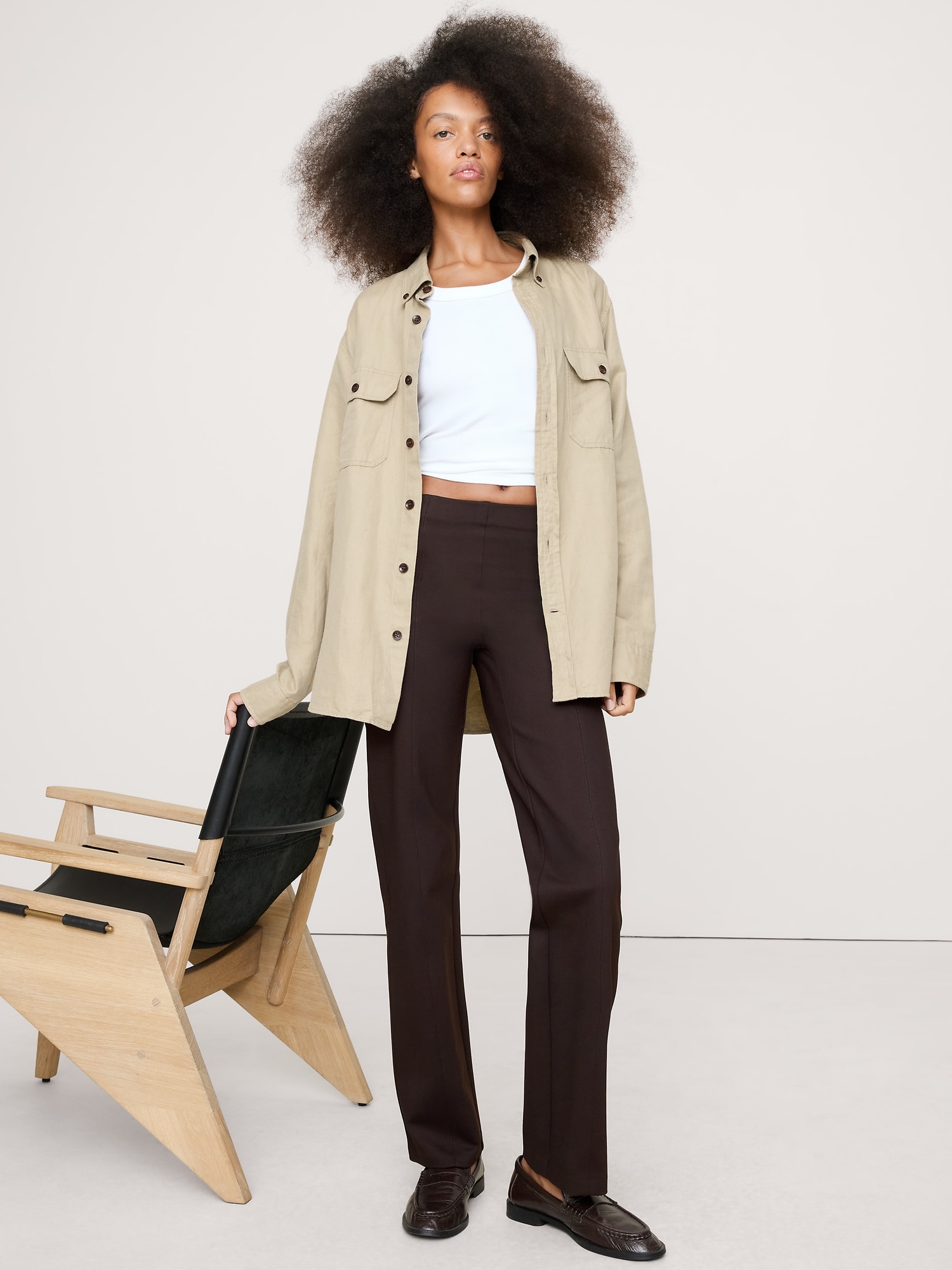 Pantalon droit Tout-aller en tricot point de Rome longueur cheville - Brun Foncé