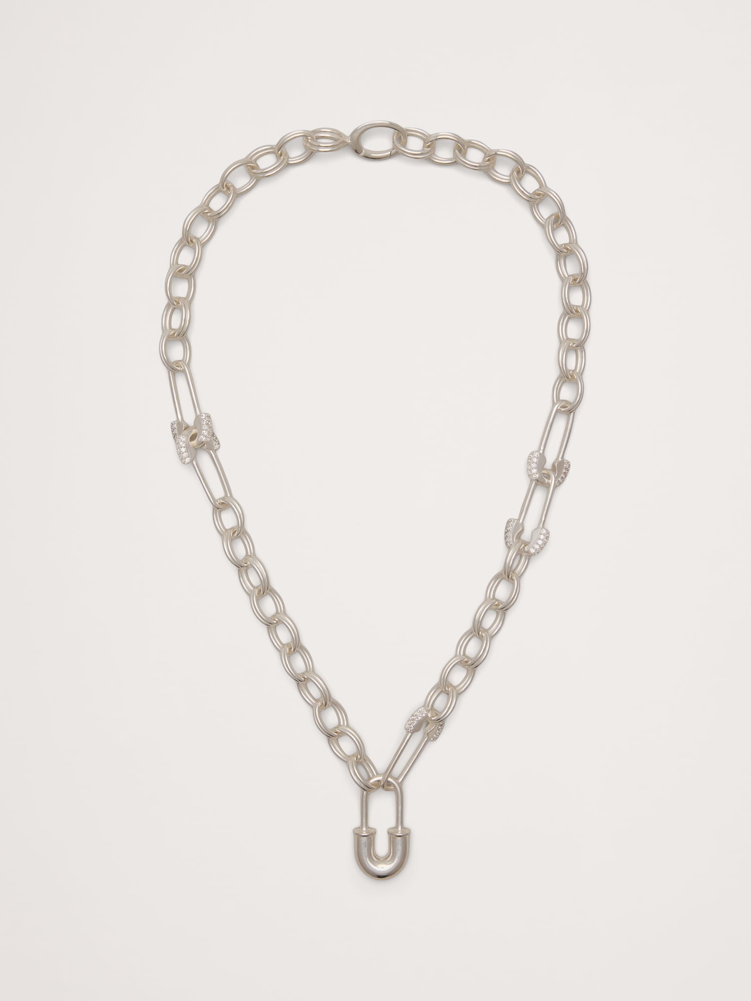 Rhinestone Safety Pin Chain Necklace - Silver