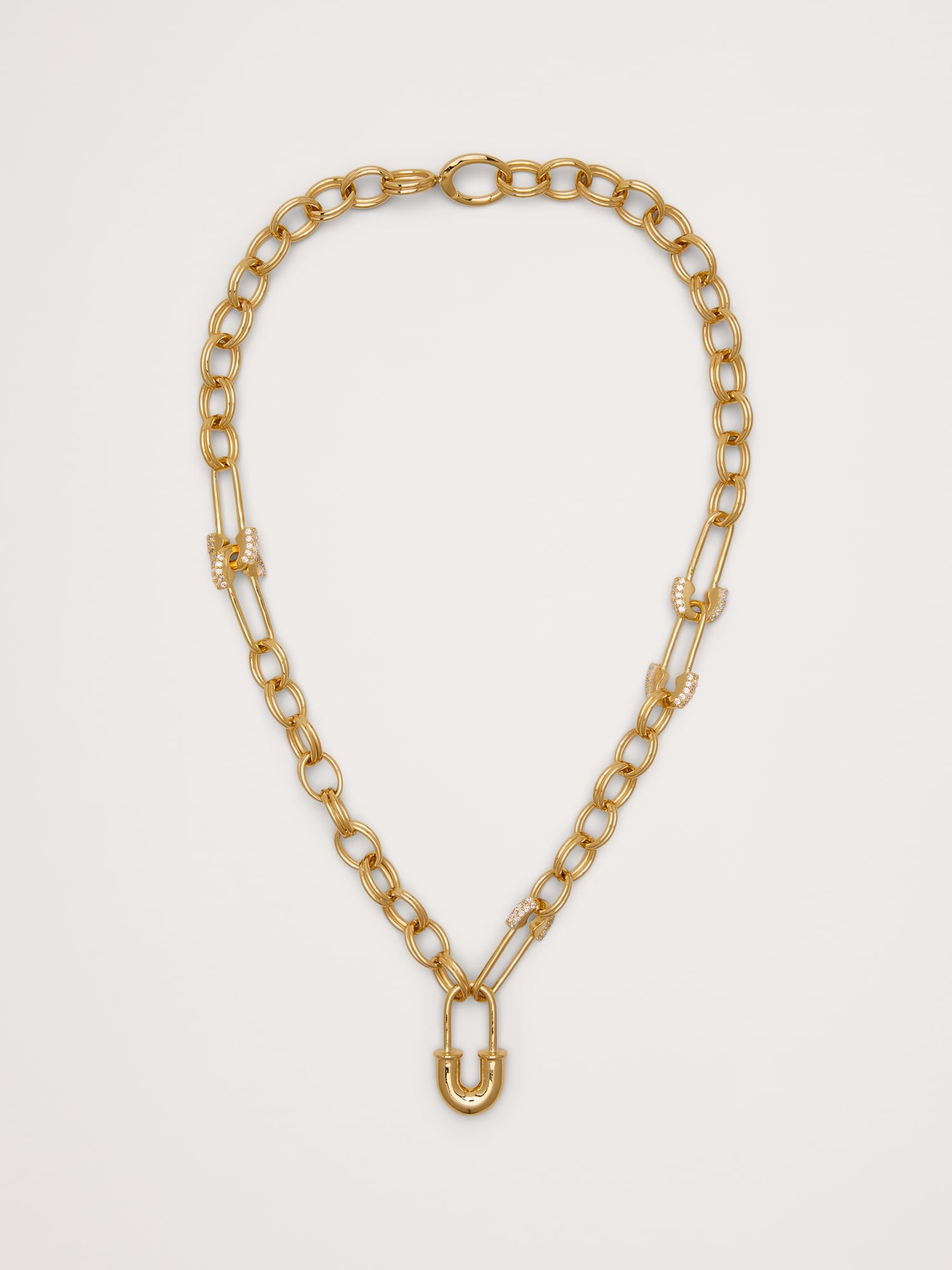 Rhinestone Safety Pin Chain Necklace - Gold