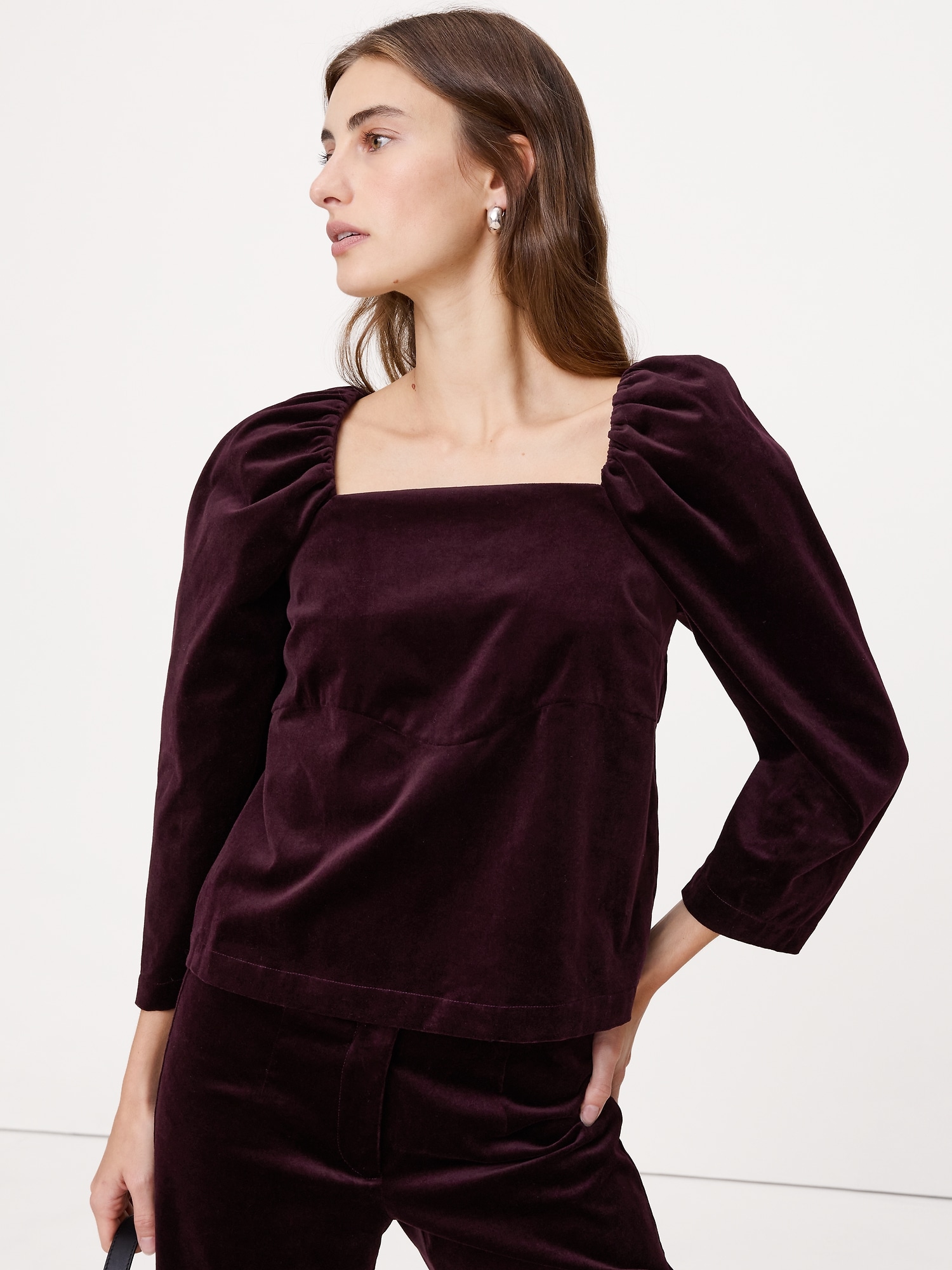 Cotton Velvet Puff-Sleeve Top - Deep Burgundy Red