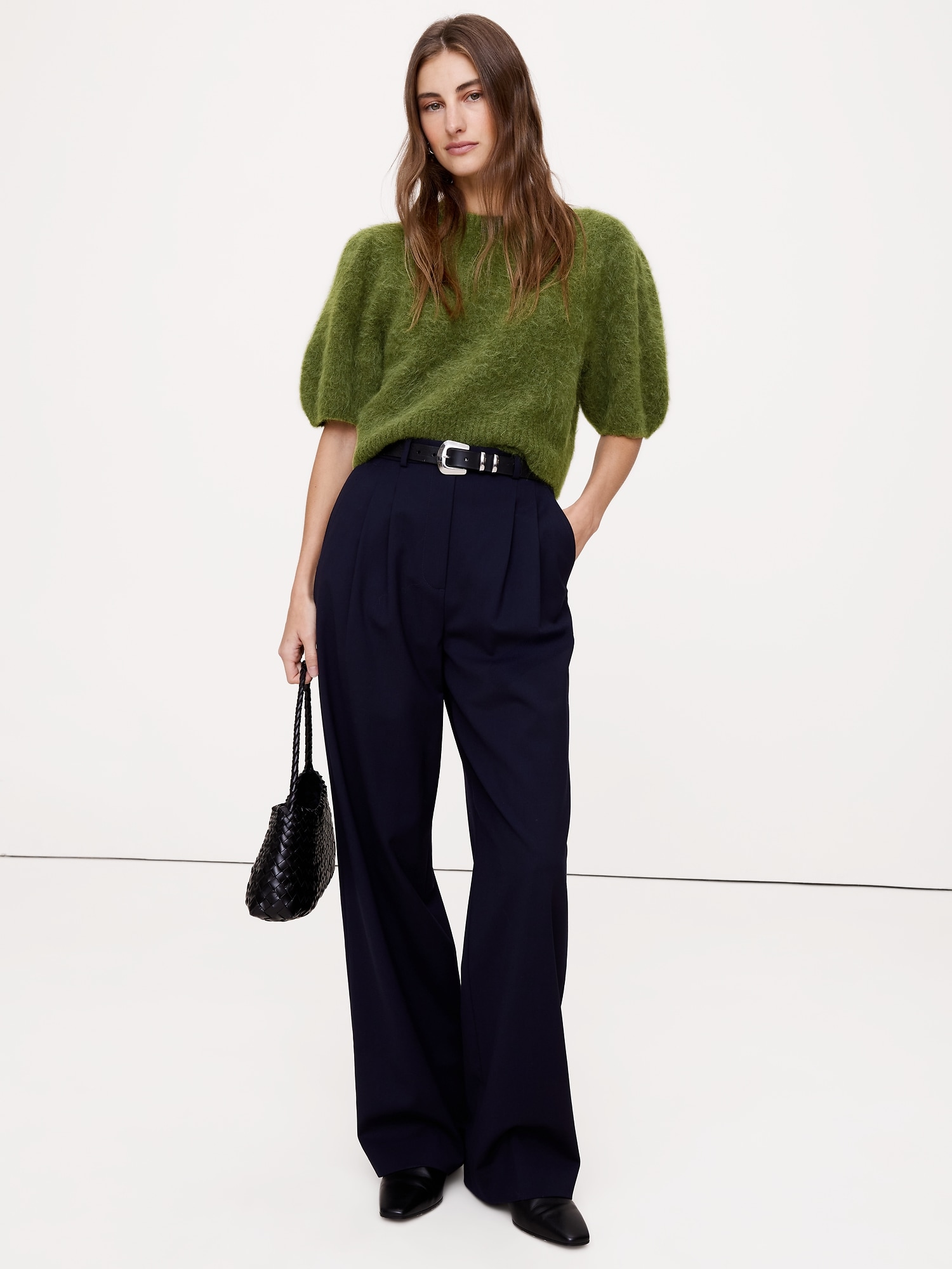 Fuzzy Alpaca-Blend Puff-Sleeve Sweater - Mangrove Green