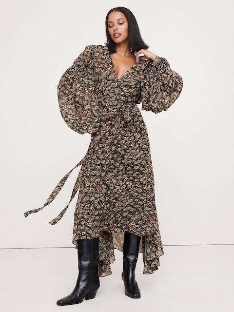 ROBE LONGUE À MANCHES BOUFFANTES EN CRÊPE GEORGETTE