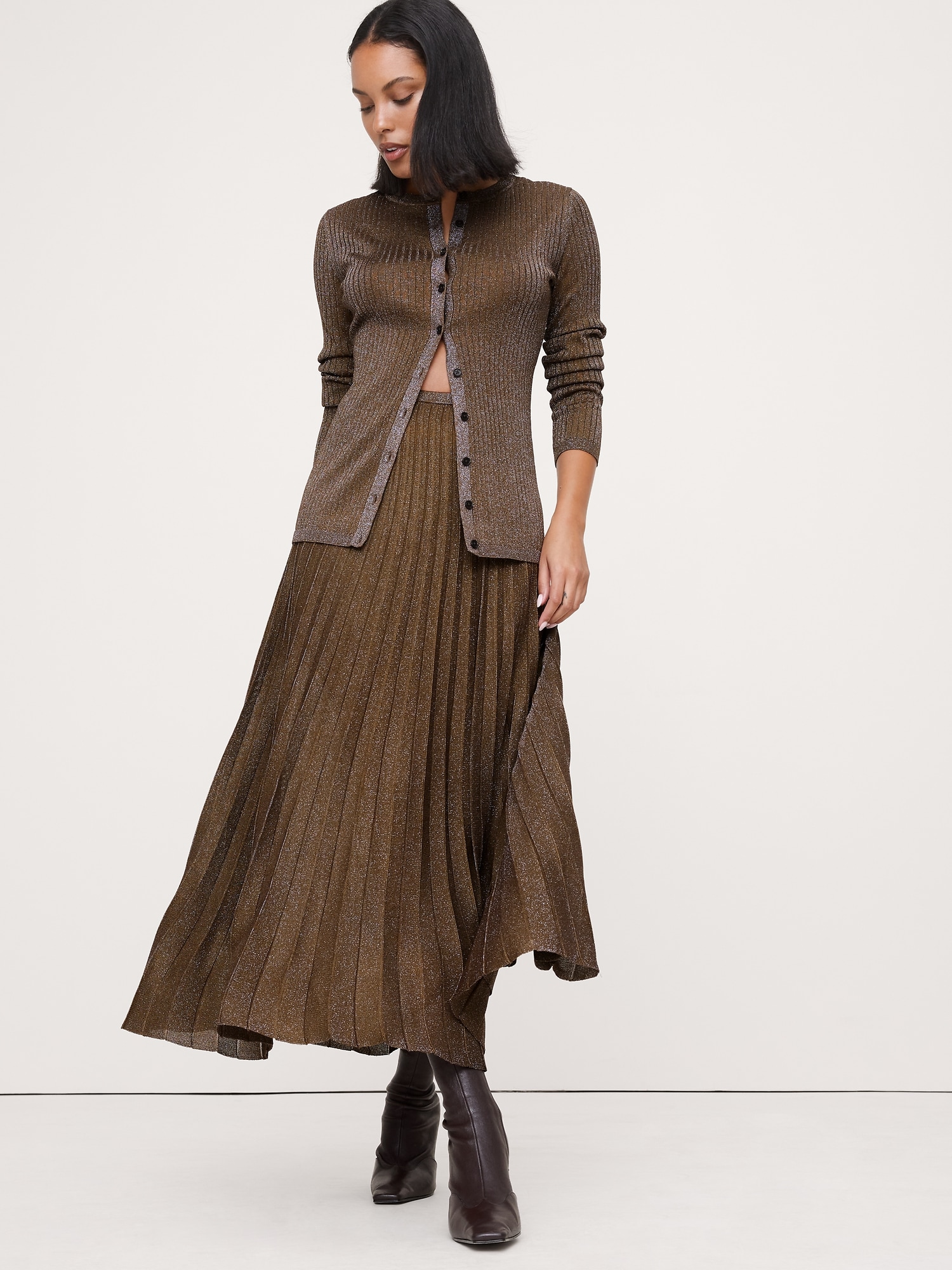 Pleated Metallic Sweater Skirt - Bronze