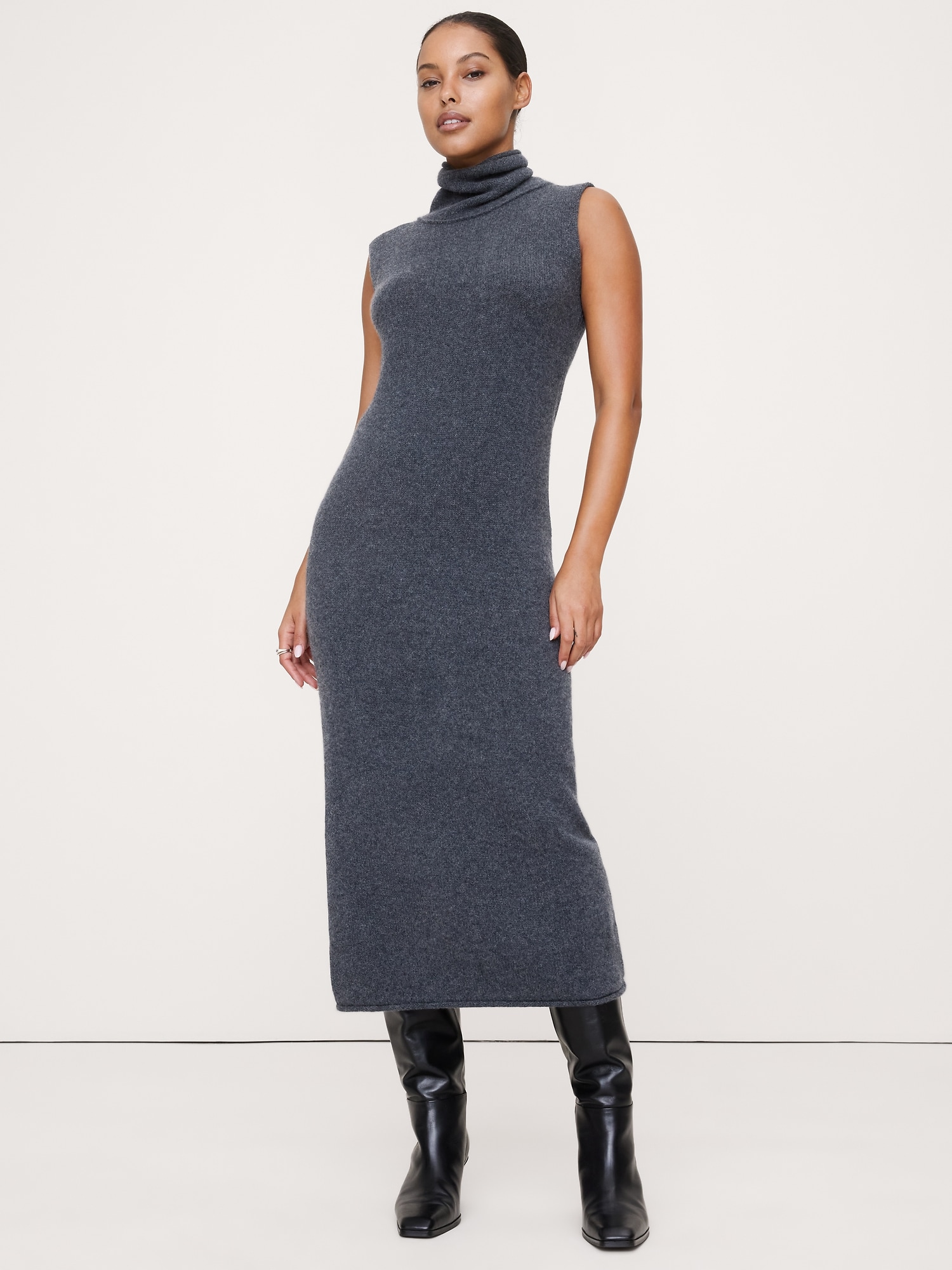 Robe courte à col roulé en cachemire léger - Gris Anthracite
