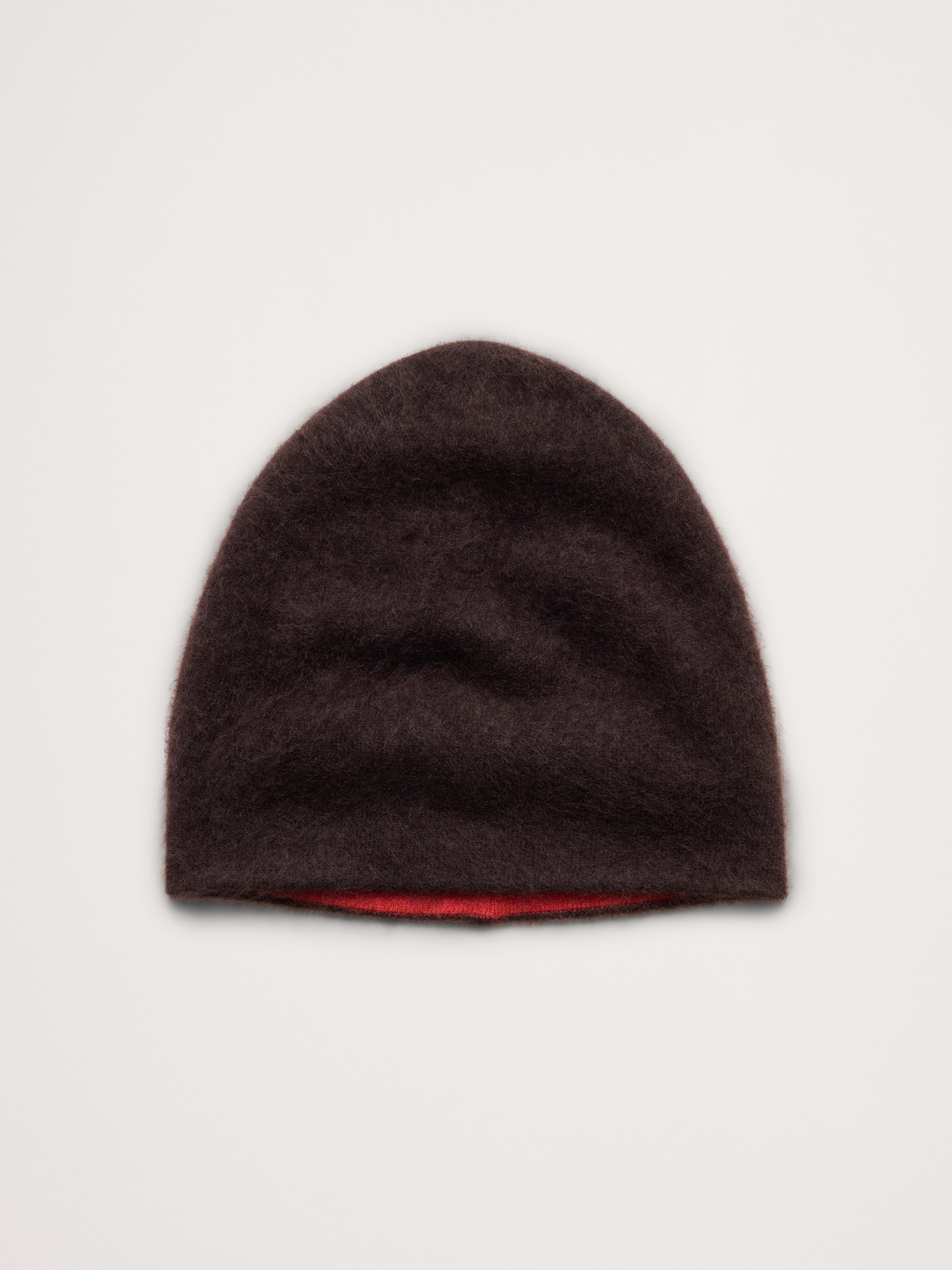 Reversible Brushed Wool-Cashmere Beanie - Chocolate Brown & Red Holly