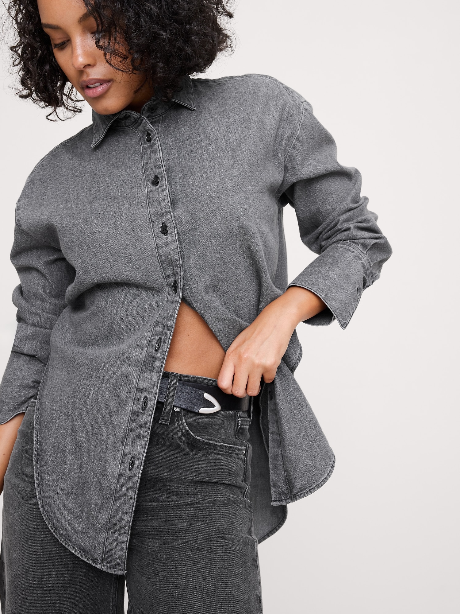 Chemise en denim à ourlet arrondi - Fini Gris Moyen