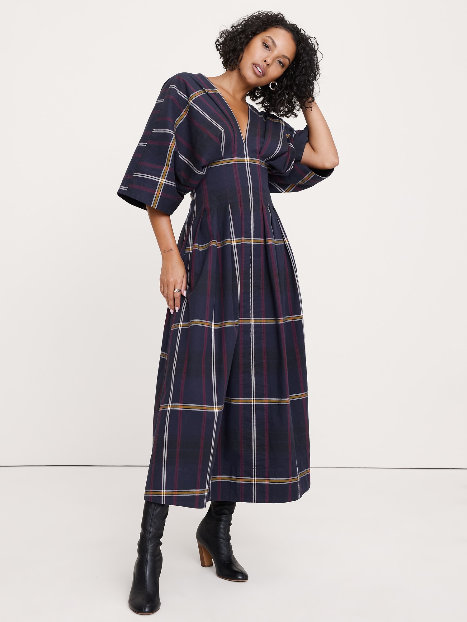 Plaid Pleated Poplin Maxi Dress - Large Navy Blue Plaid