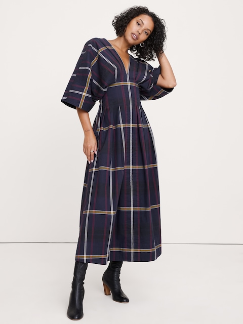 ROBE LONGUE PLISSÉE À CARREAUX EN COTON