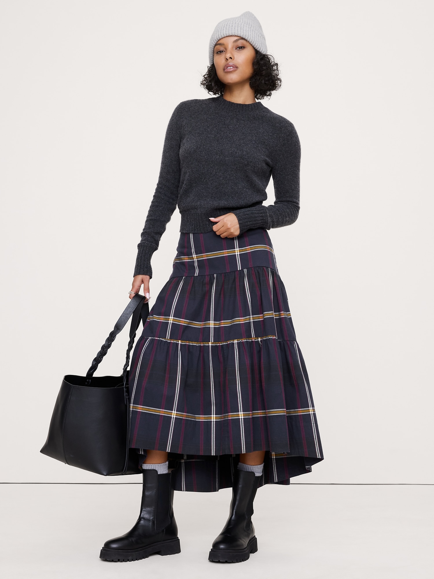 Tiered Midi Skirt - Blue Plaid Cotton Poplin