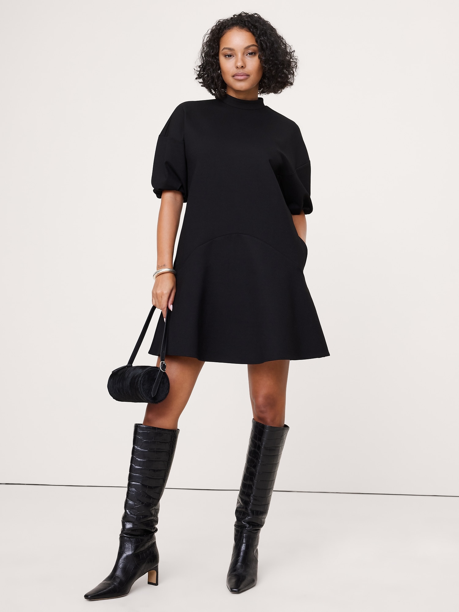 Everywhere Ponte Puff-Sleeve Mini Dress - Black
