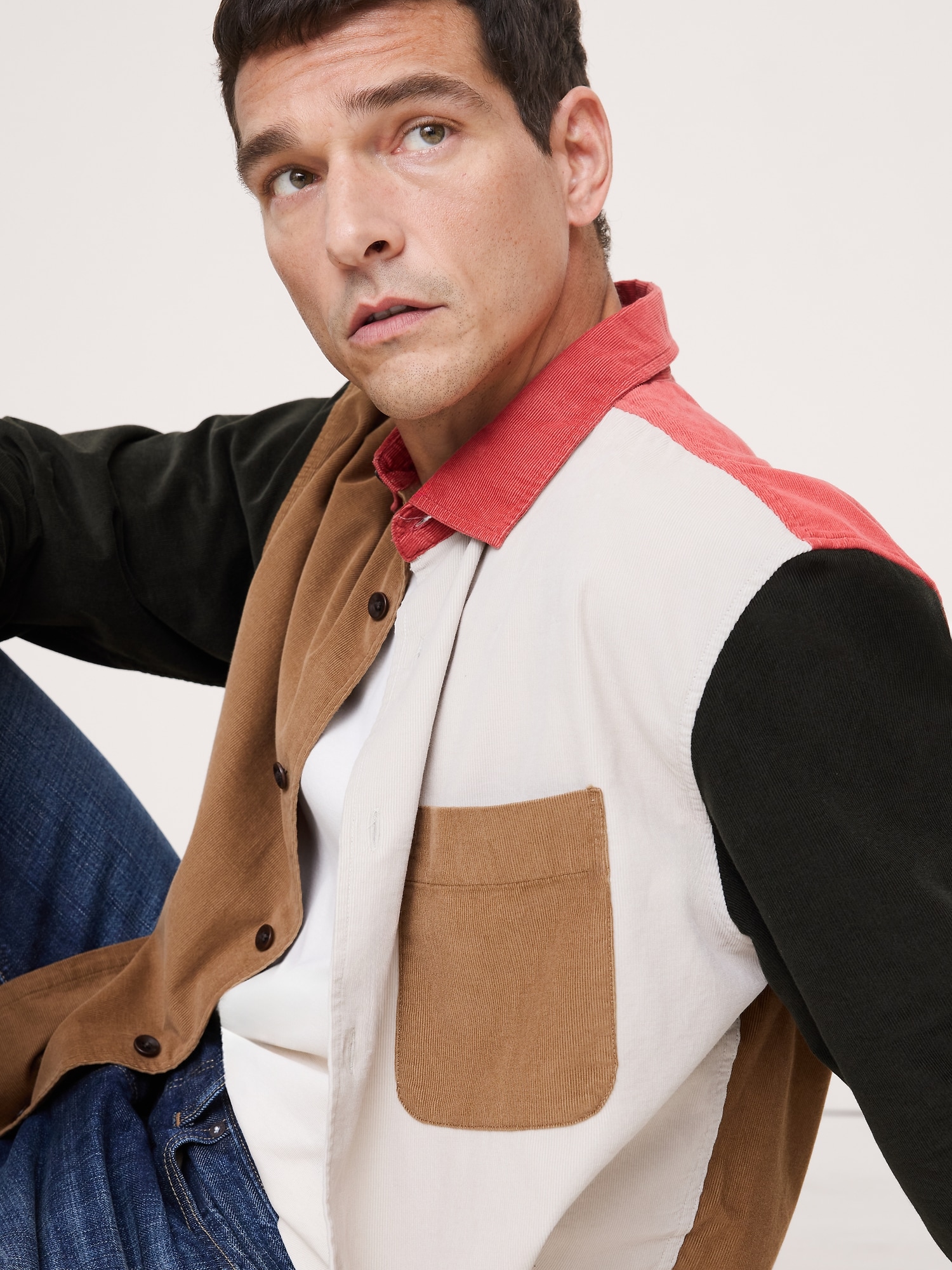 Loose-Fit Colorblock Corduroy Shirt - Brown Combo