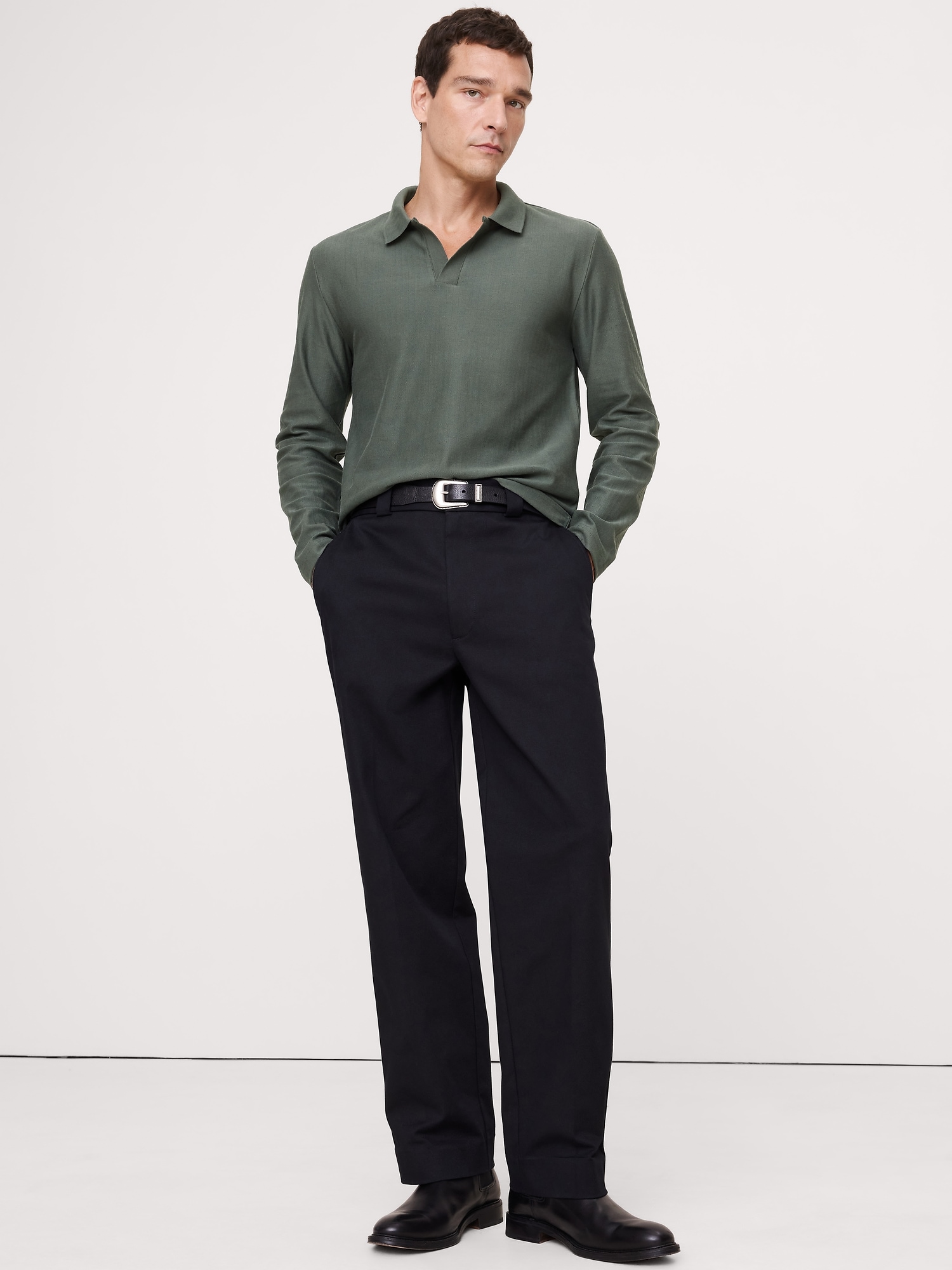 Image number 1 showing, Herringbone Cotton Long-Sleeve Polo