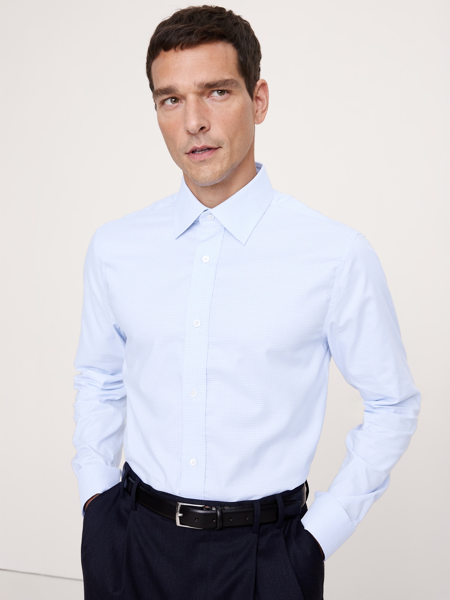 Slim-Fit Wrinkle-Resistant Dress Shirt - Light Blue Mini-Plaid