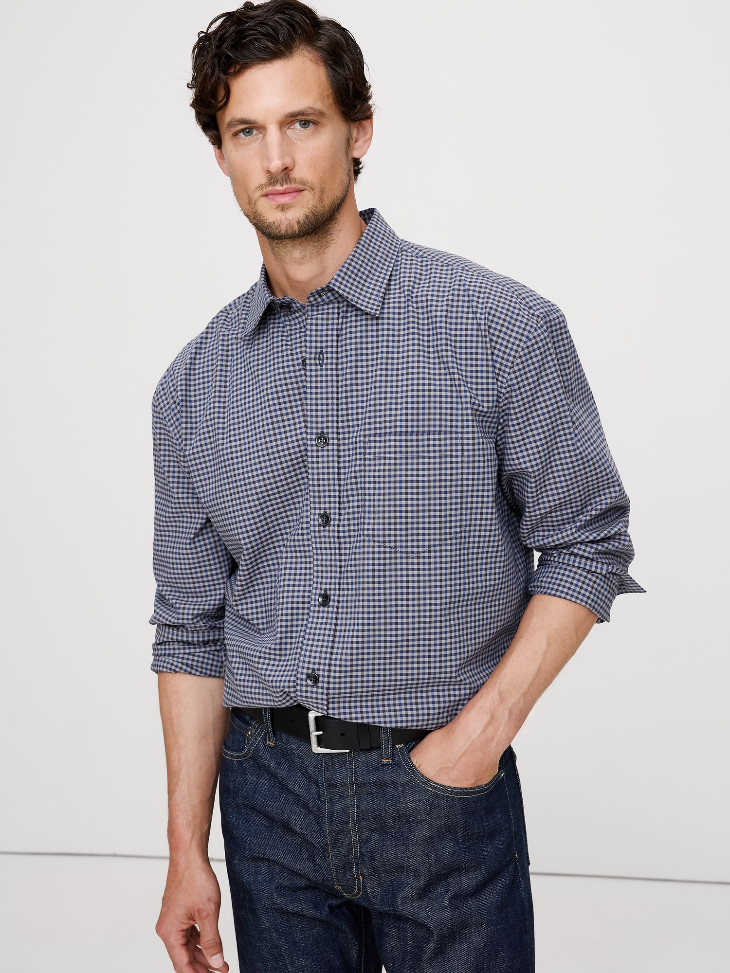 Relaxed-Fit Washed Cotton Poplin Shirt - Blue Plaid