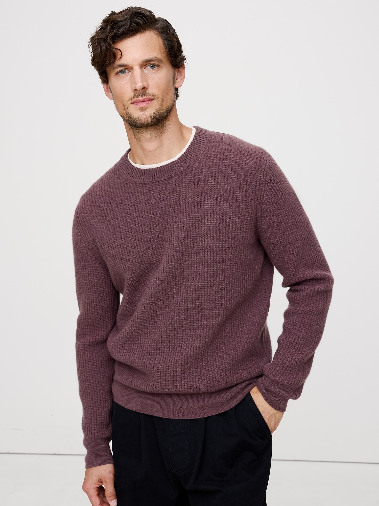 Italian Merino-Cashmere Waffle-Knit Sweater - Mauve