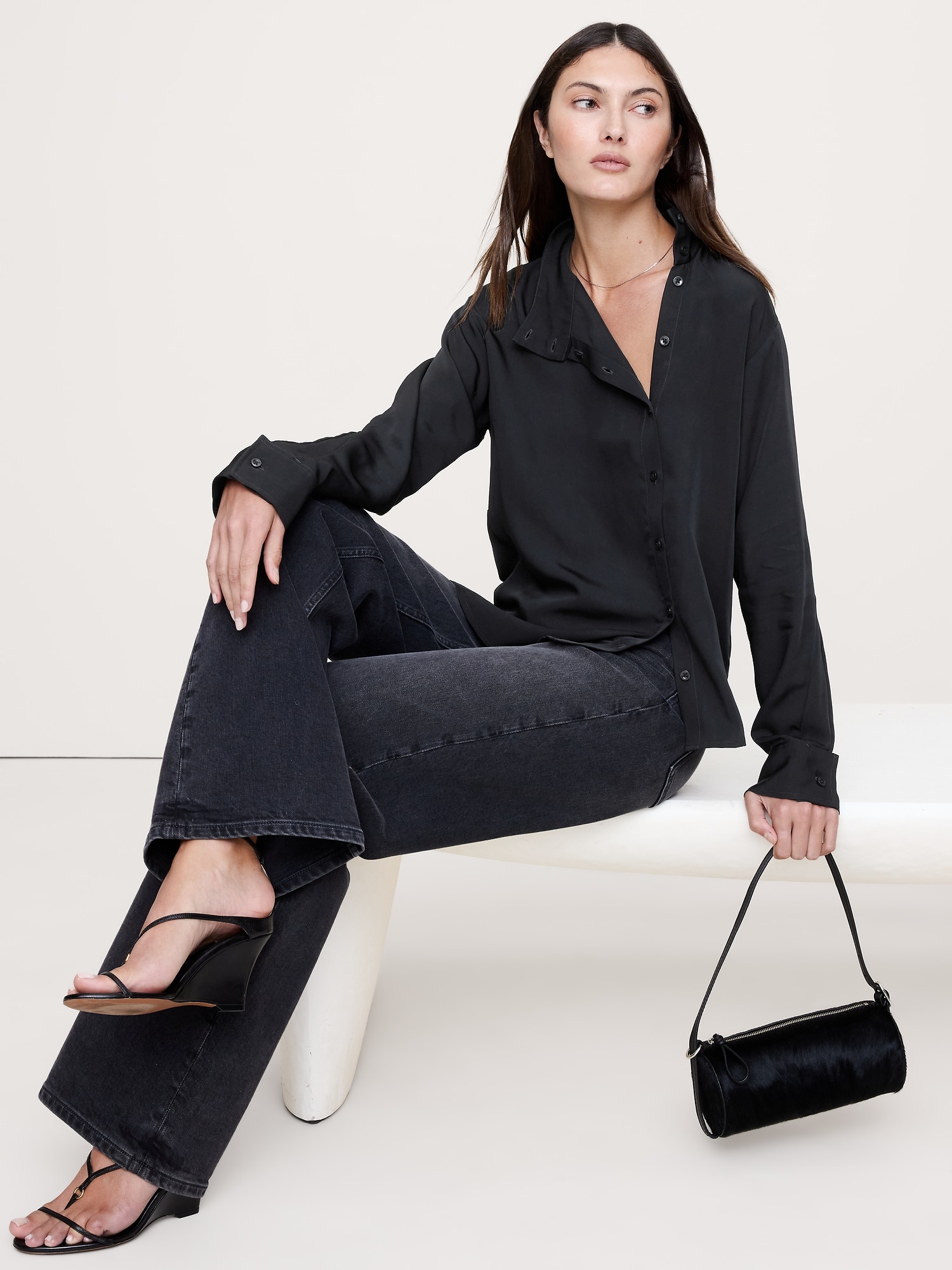 Image number 1 showing, Drapey Twill Asymmetrical Button-Front Blouse