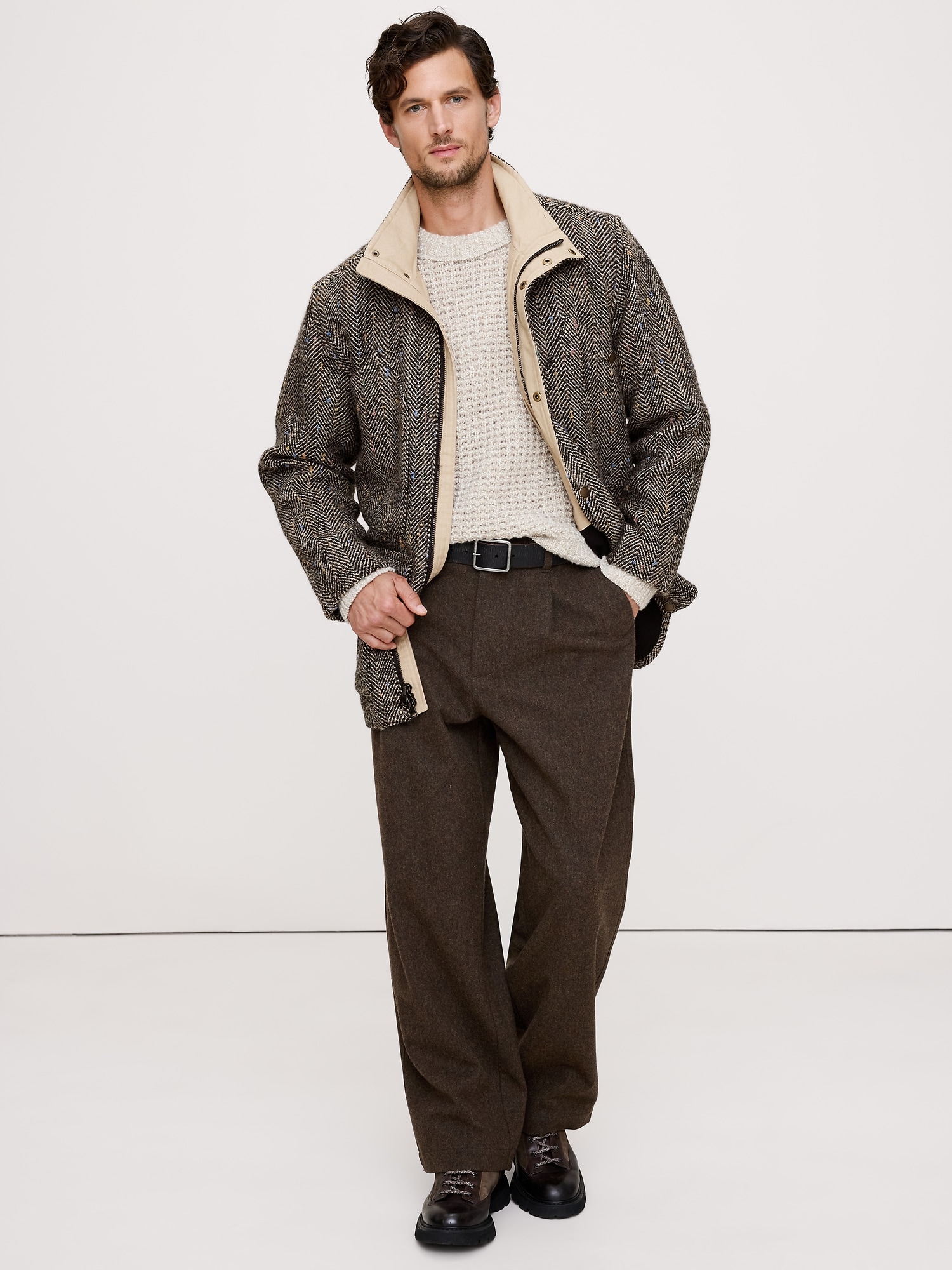 Herringbone Tweed Parka - Brown Herringbone
