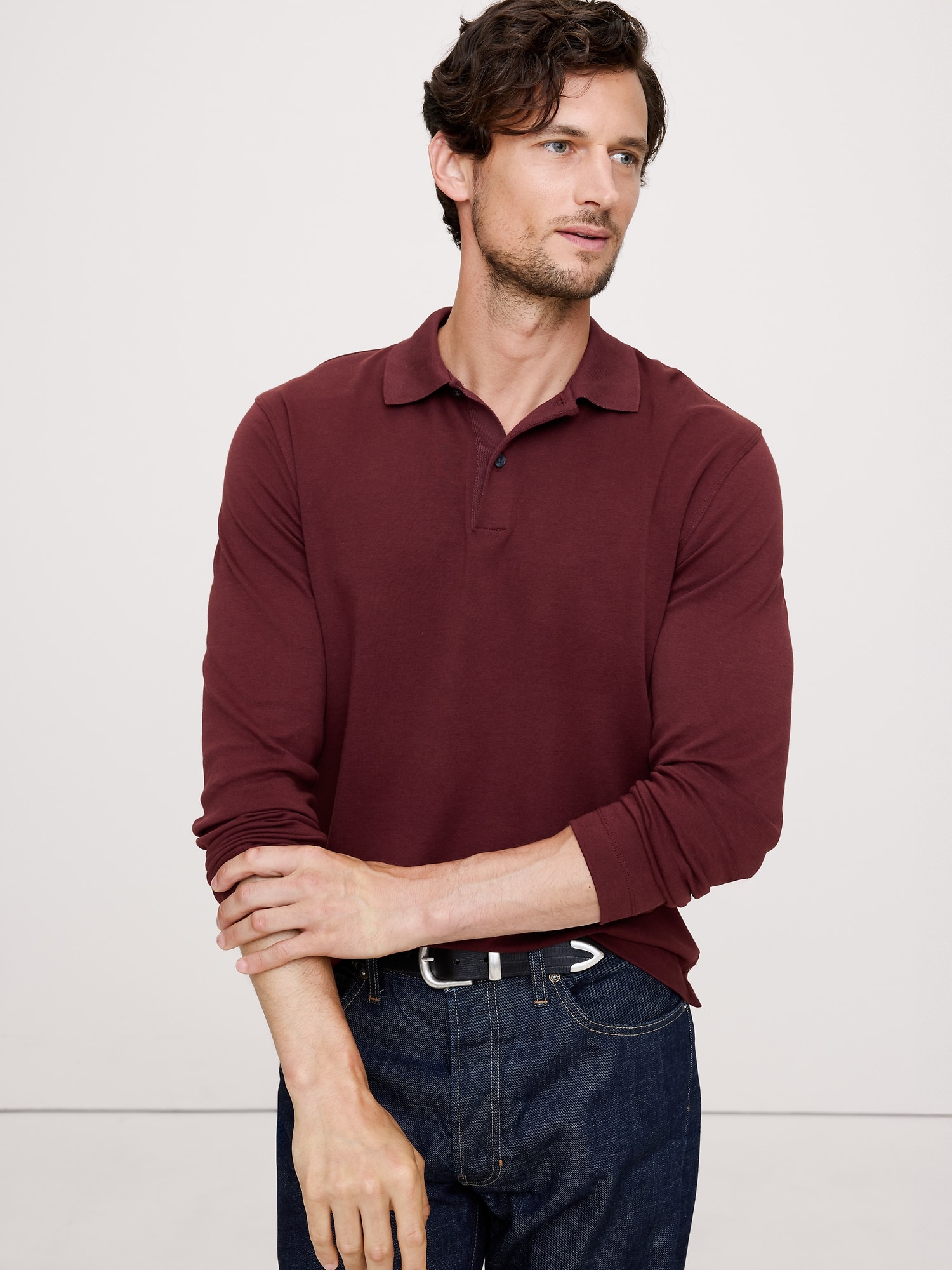 Luxury-Touch Long-Sleeve Polo - Redwood Canopy Burgundy