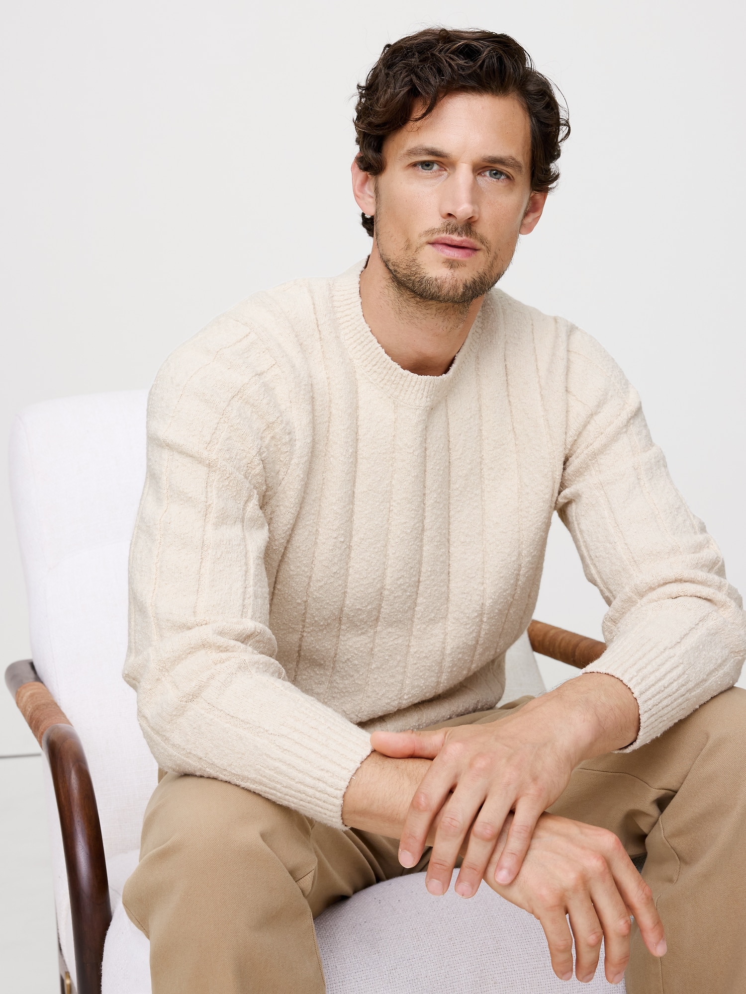 Bouclé Ribbed Crew-Neck Sweater
