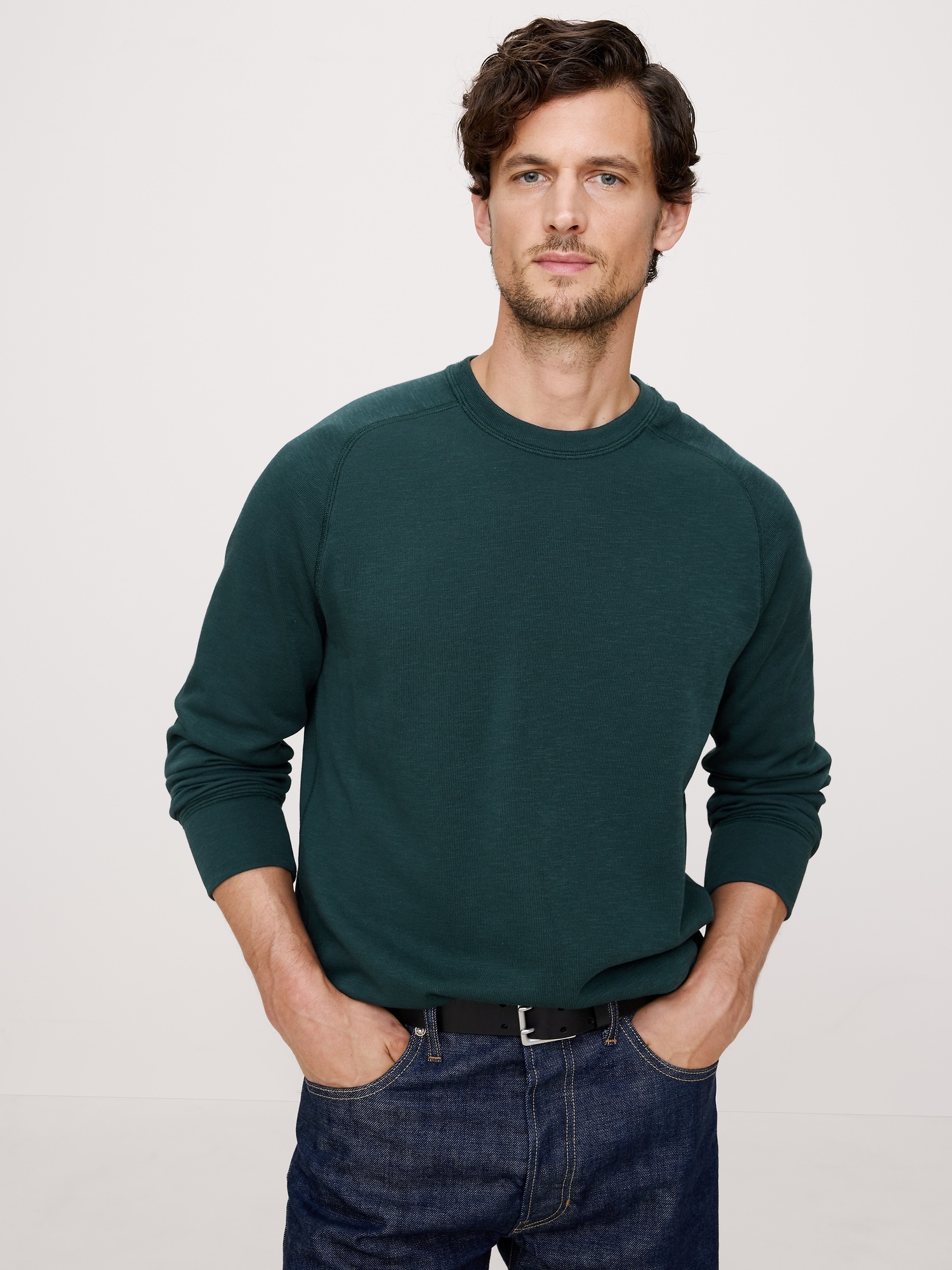 T-shirt ras du cou en tricot double de fil flammé - Vert Ardoise Tempête