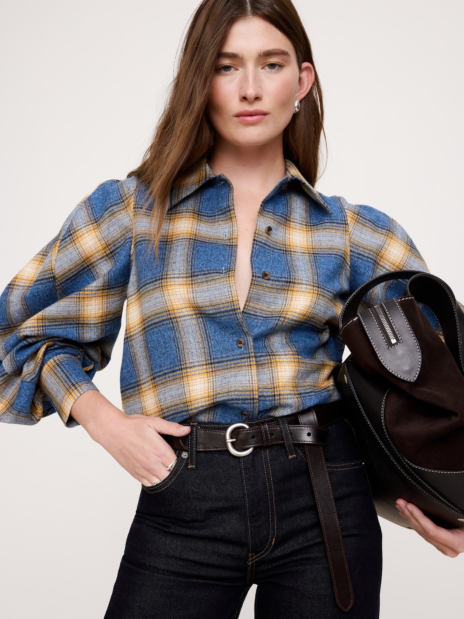Flannel Volume-Sleeve Shirt - Yellow Plaid