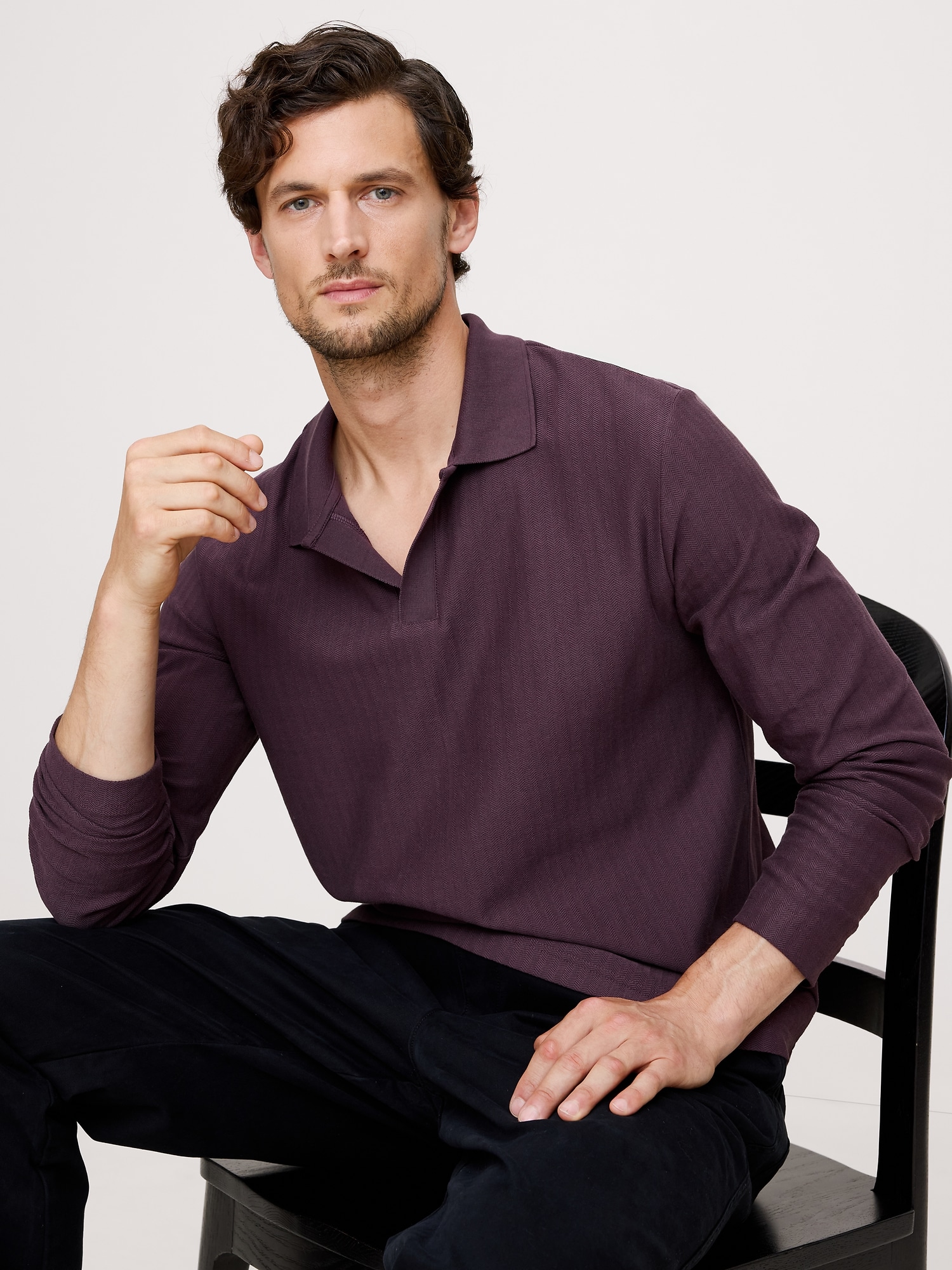 Image number 1 showing, Herringbone Cotton Long-Sleeve Polo