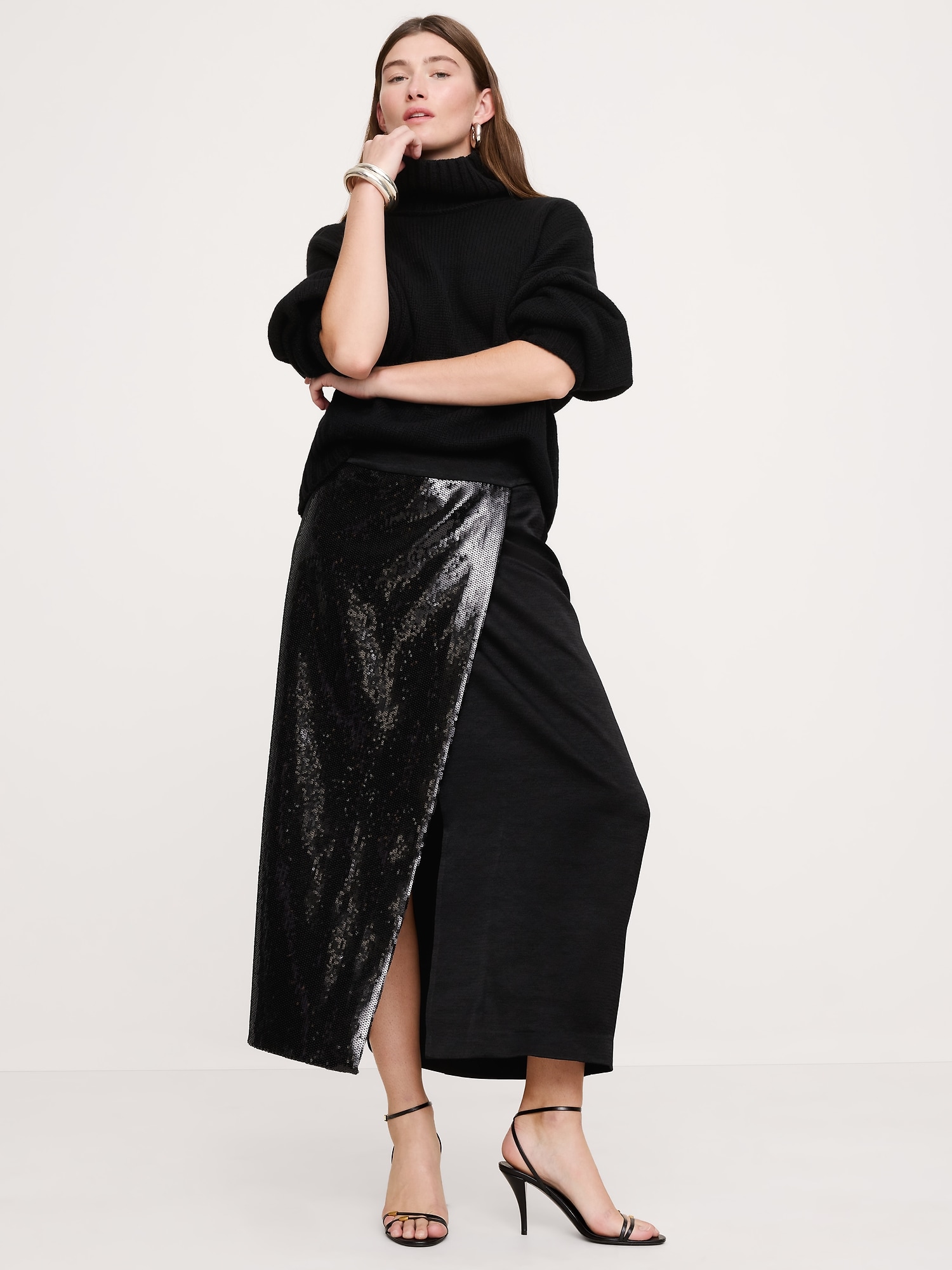 Ponte & Sequin Wrap Skirt - Black