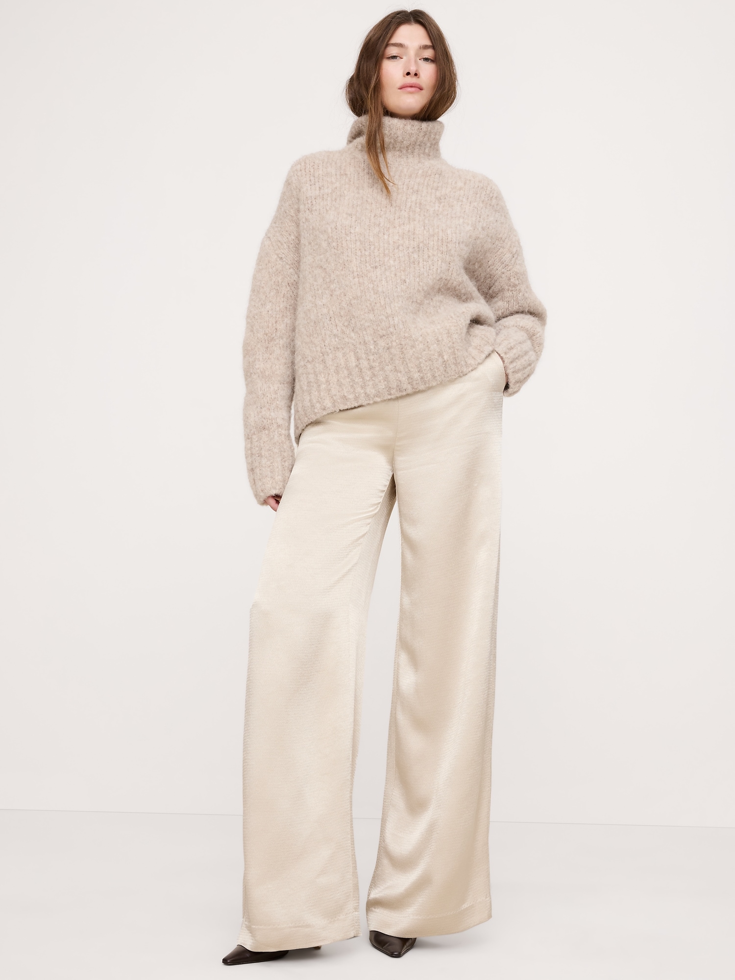 High-Rise Wide-Leg Hammered Satin Palazzo Pant - Crystal Sand