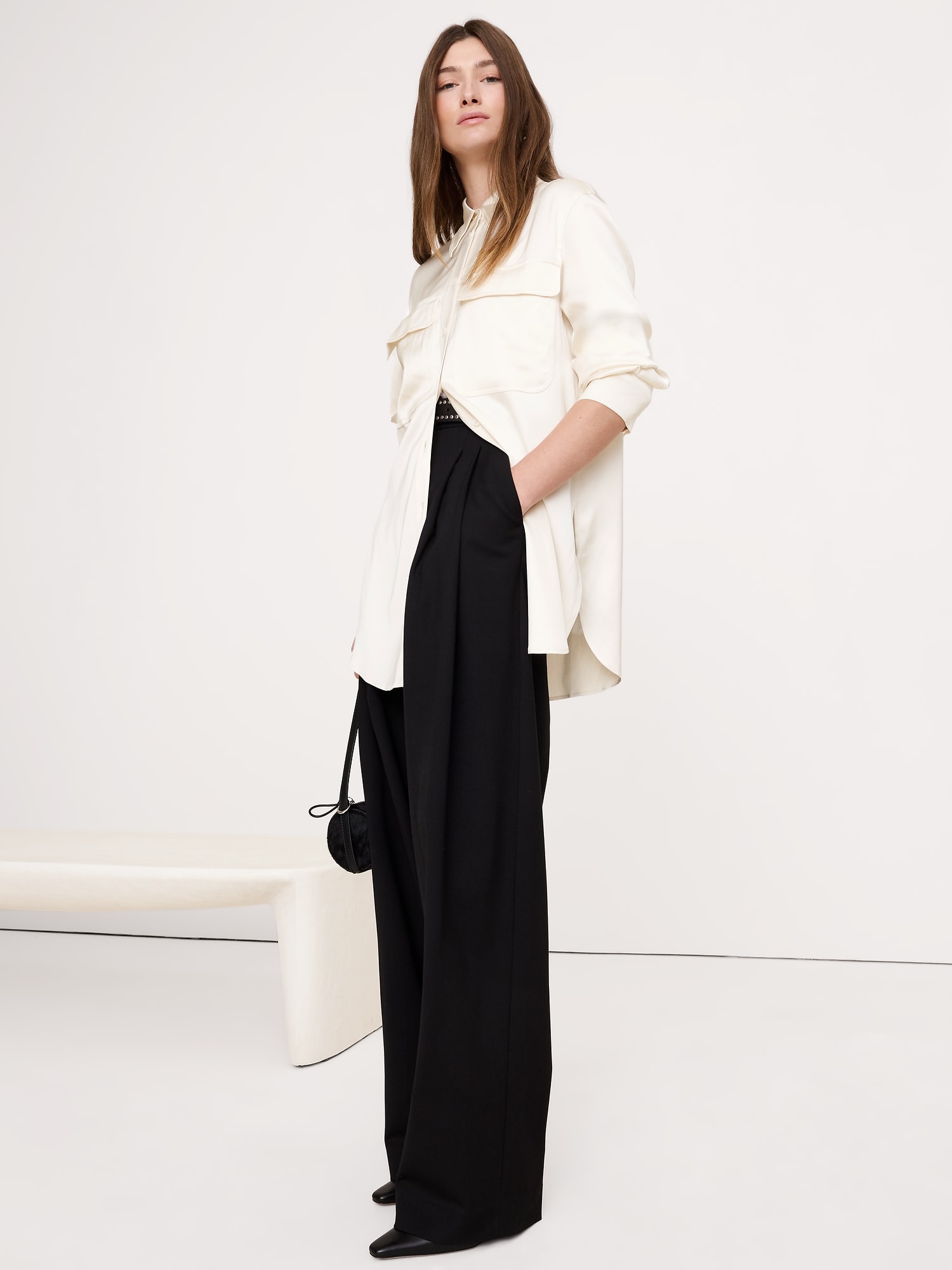 Stretch-Satin Utility Shirt - White