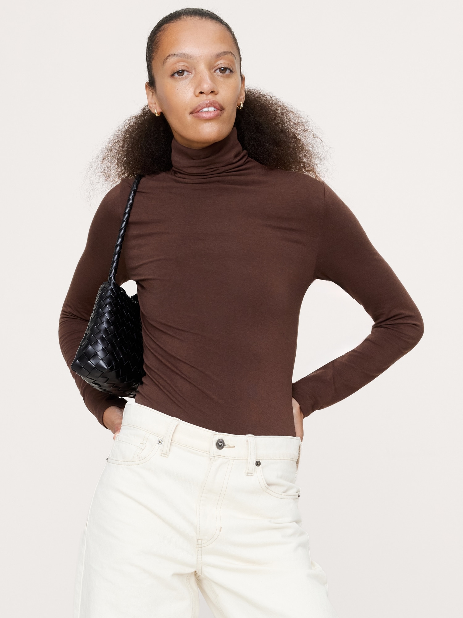 Luxe Wool-Blend Turtleneck T-Shirt - Espresso Brown