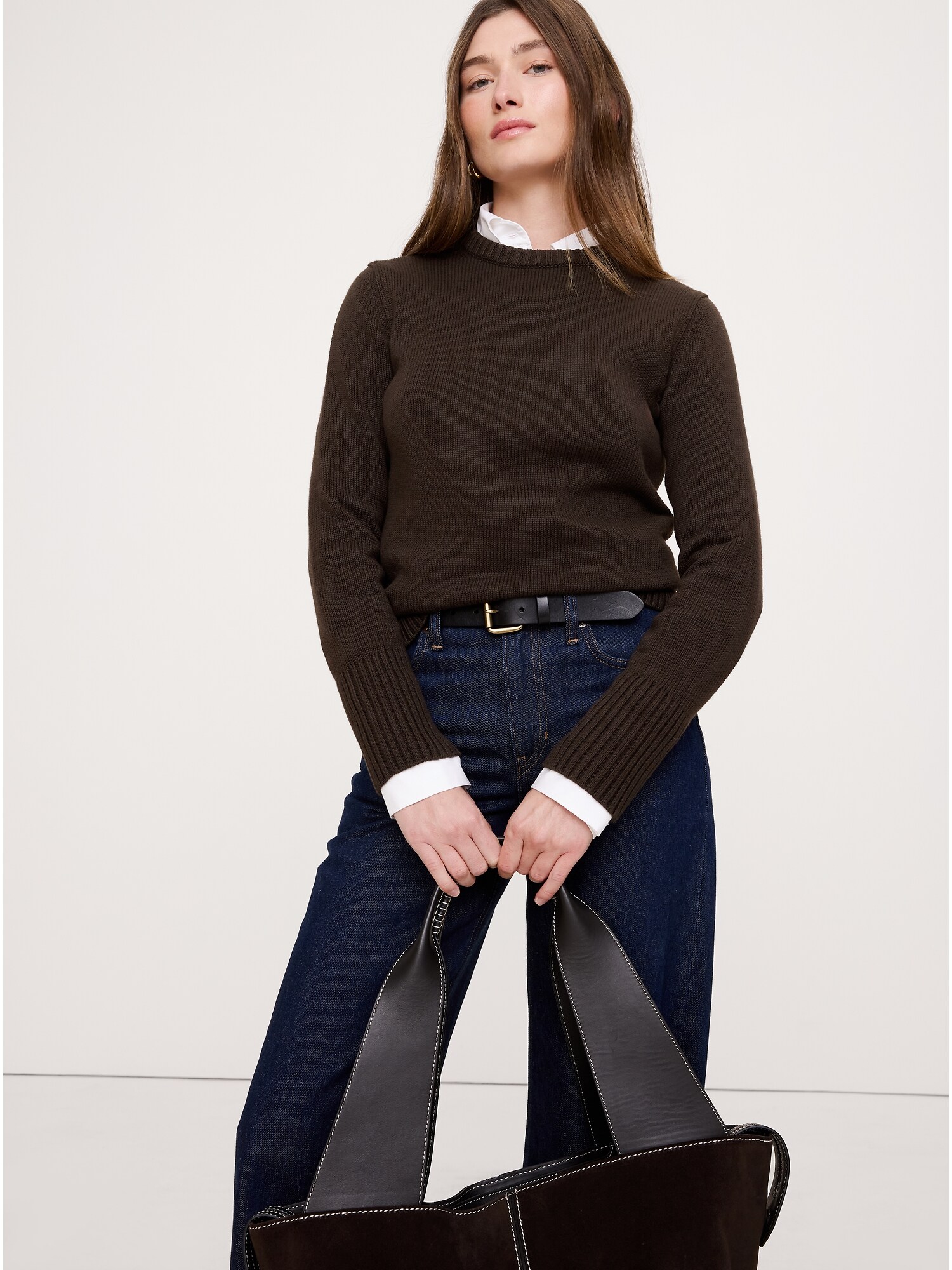 Cotton-Silk Crew-Neck Sweater - Double Chocolate Brown