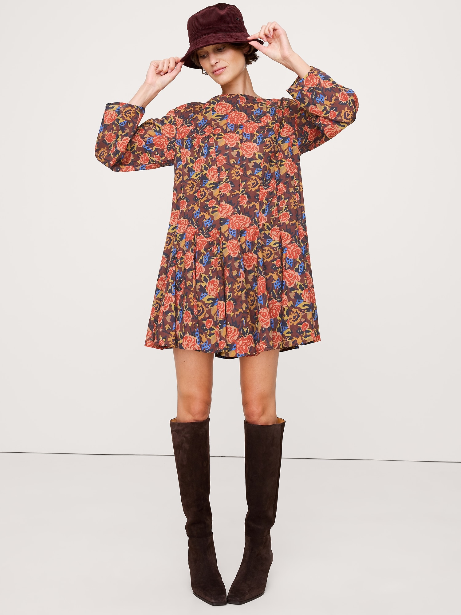 Cotton Mini Dress with Belt Bag - Maroon Roses
