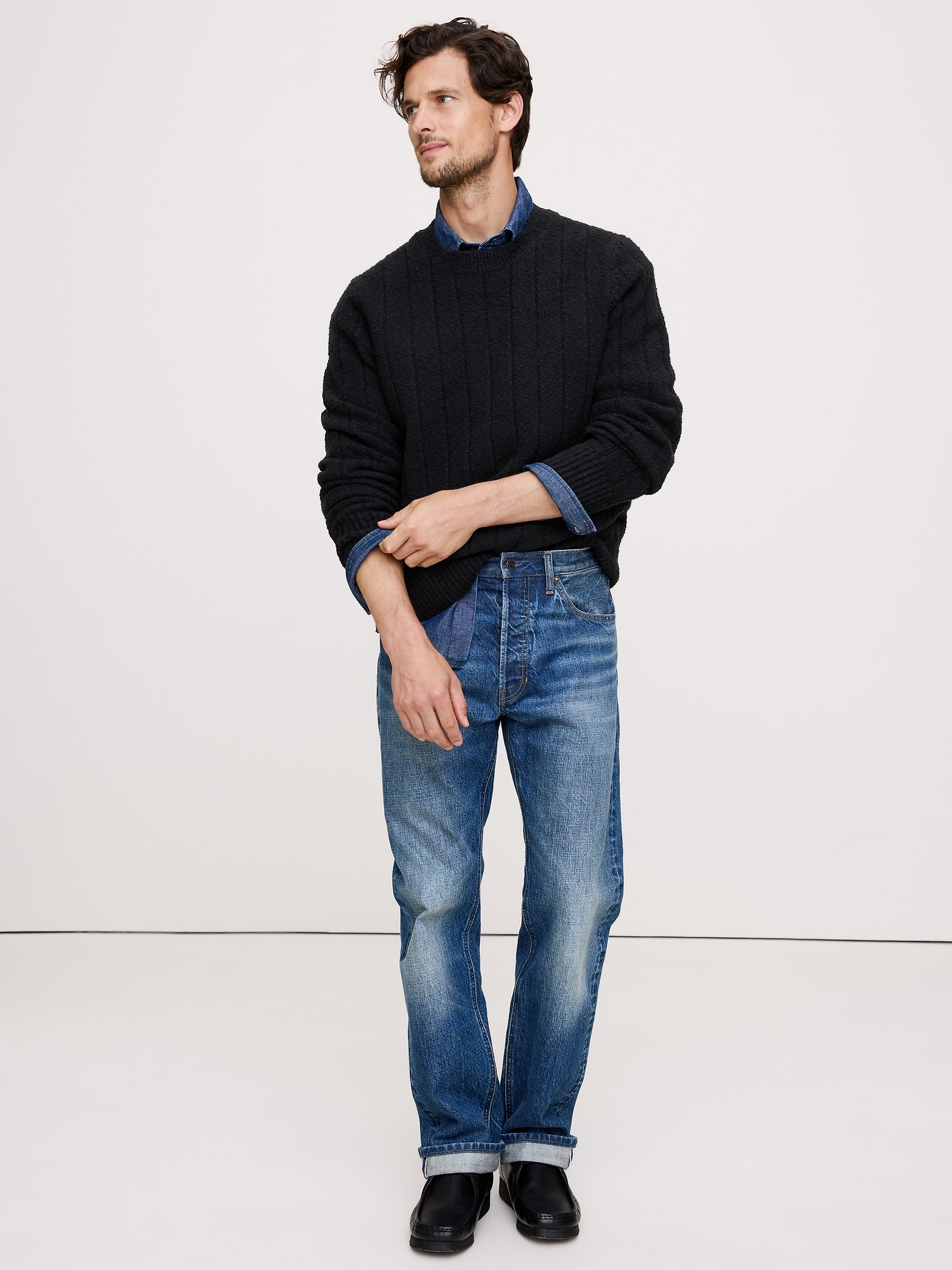 Chandail ras du cou en tricot bouclé côtelé - Noir