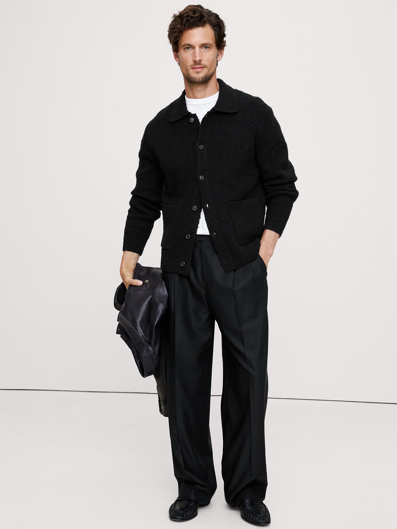 Bouclé Ribbed Polo Cardigan - Black