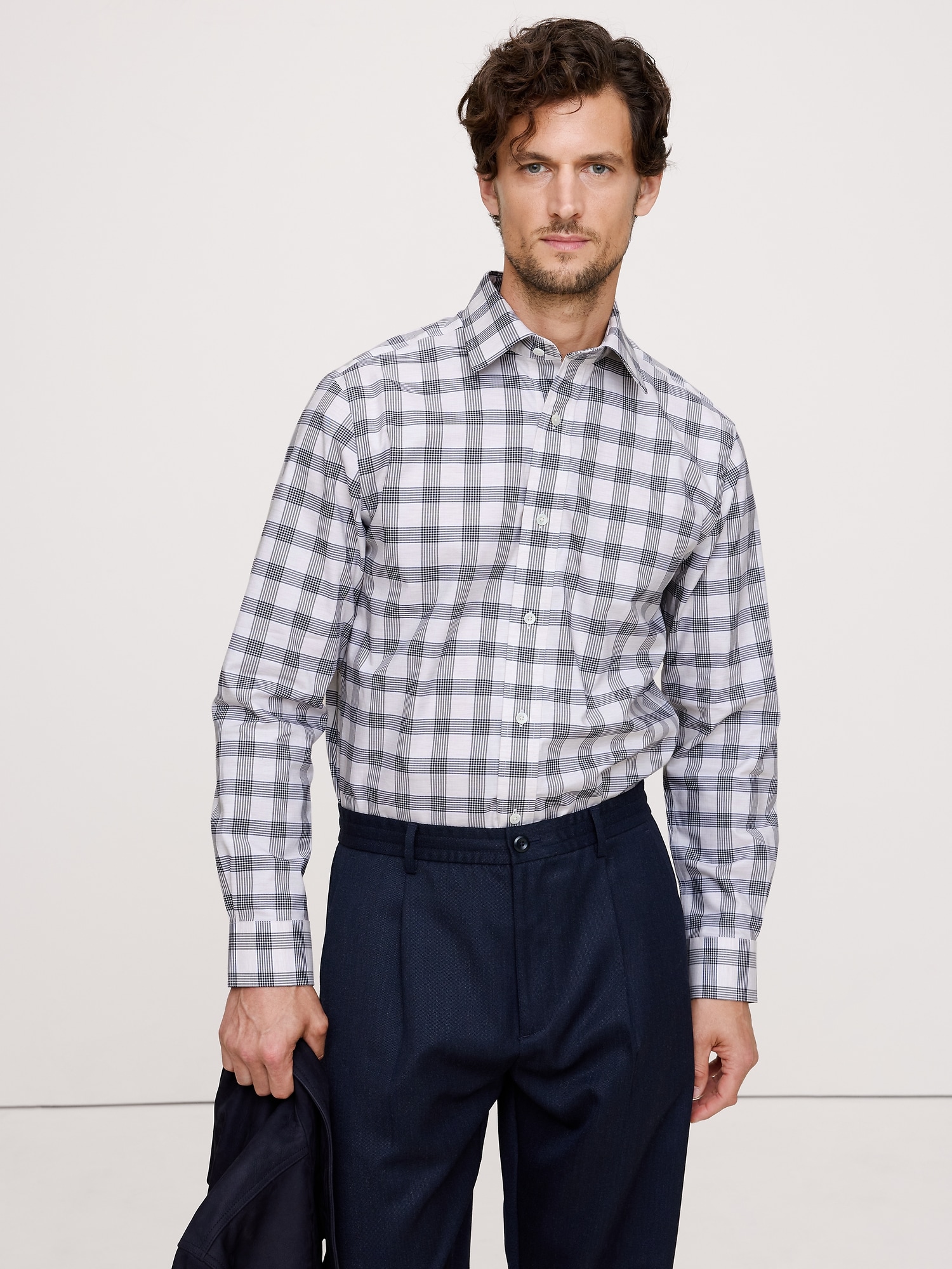 Standard-Fit Wrinkle-Resistant Dress Shirt - Large Navy Blue Plaid