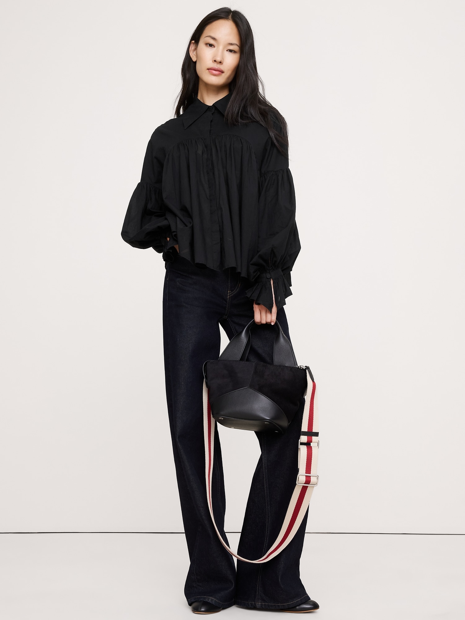 Cotton Balloon-Sleeve Shirt - Black
