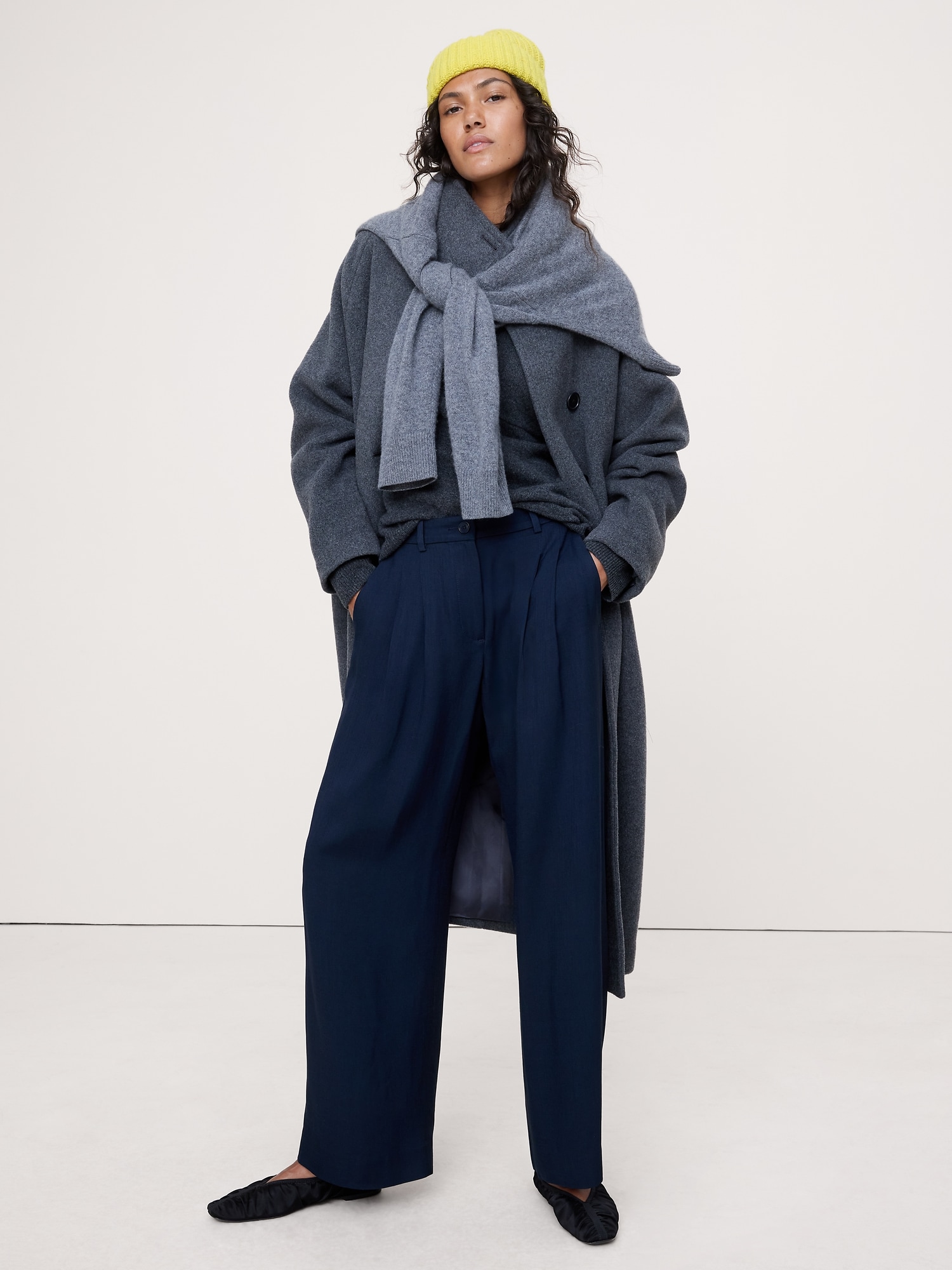 Soho Mid-Rise Pleated Wide-Leg Drapey Twill Pant - Navy Blue