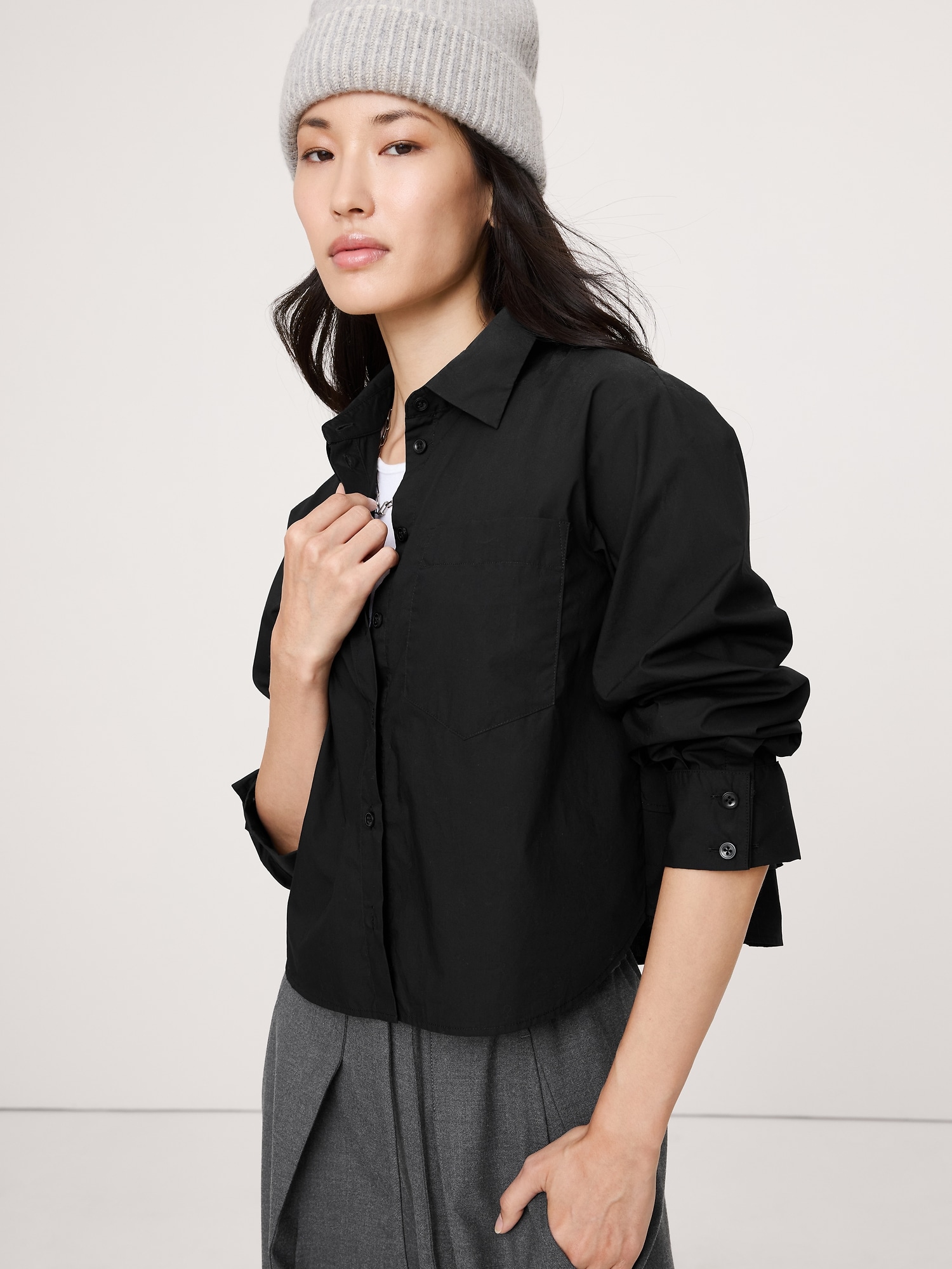 Cotton Poplin Ruffle-Back Shirt - Black