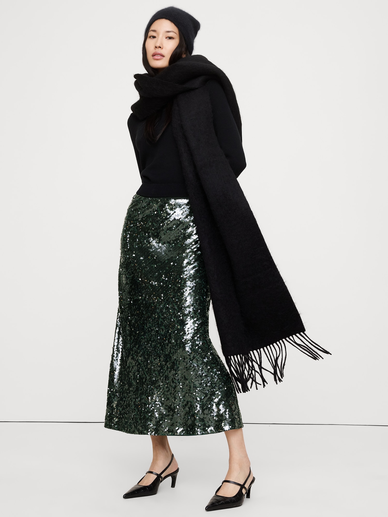 Jupe longue à paillettes coupée en biais - Vert Foncé