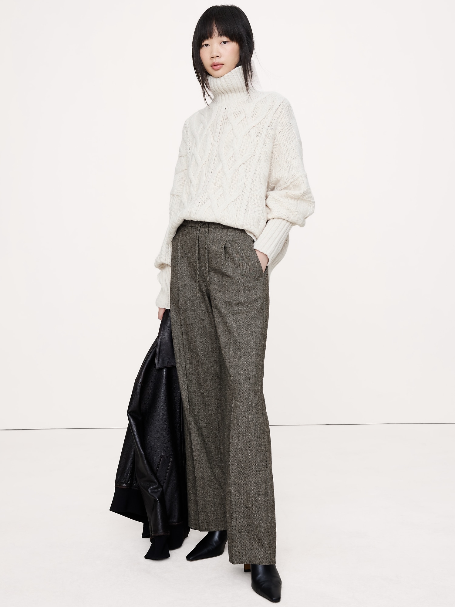 Mid-Rise Wide-Leg Flannel Drawstring Pant - Midnight Blue Herringbone