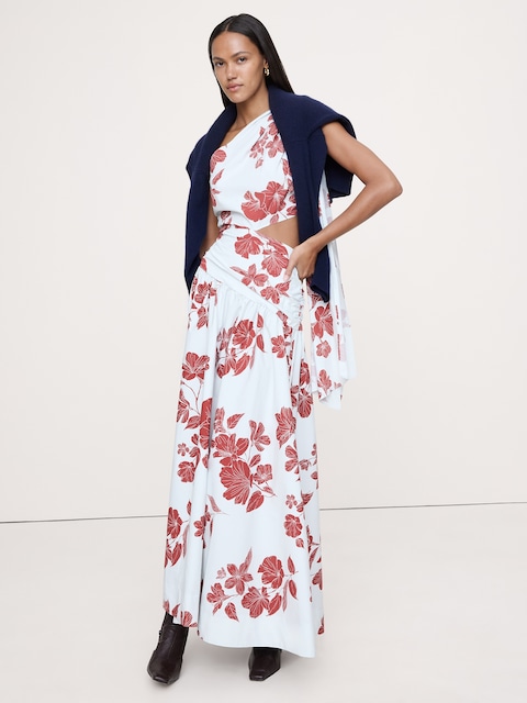ROBE LONGUE À UNE ÉPAULE DÉGAGÉE ET À TAILLE BASSE EN POPELINE DE COTON EXTENSIBLE