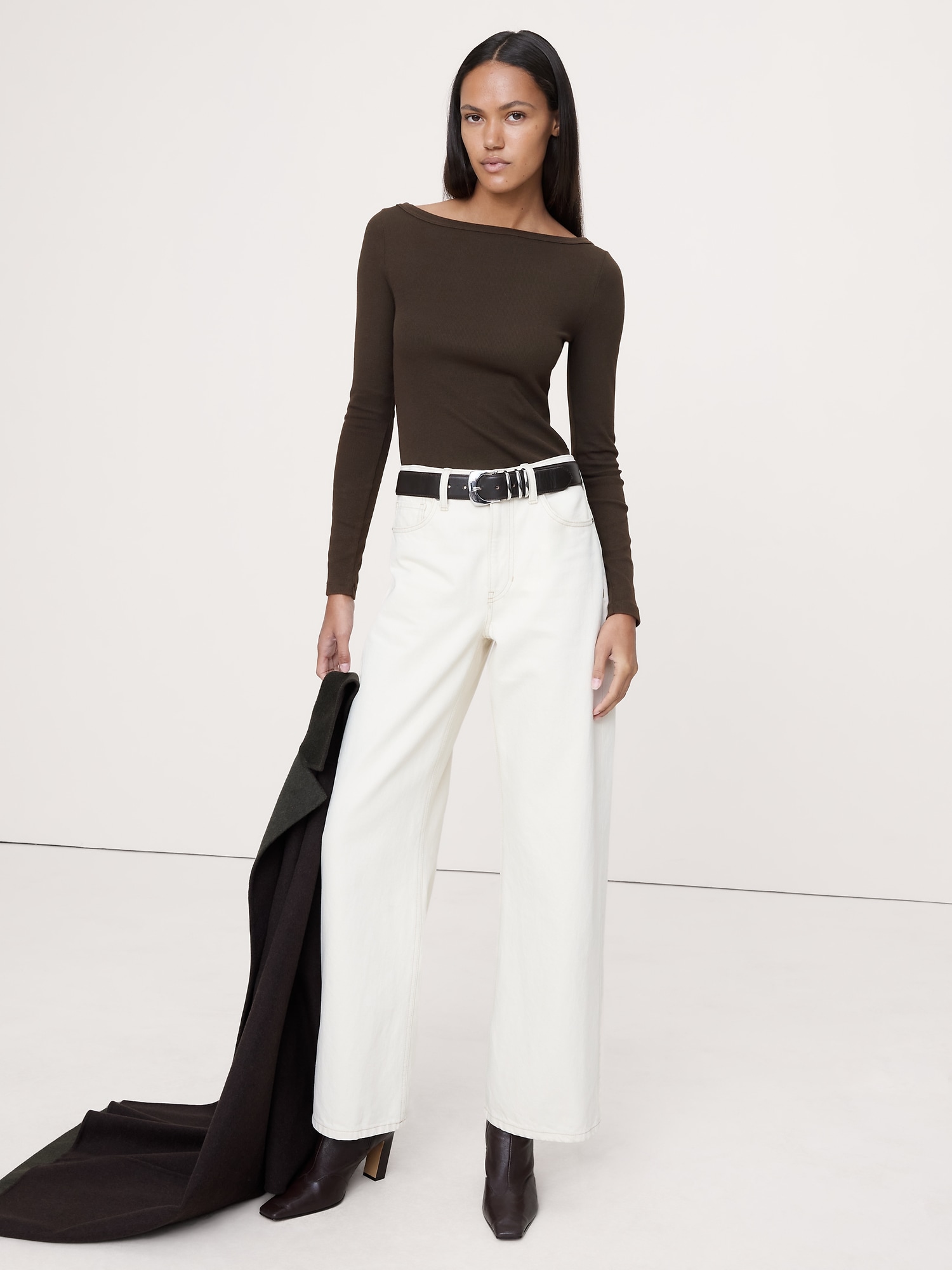 Ribbed Boat-Neck T-Shirt - Double Chocolate Brown
